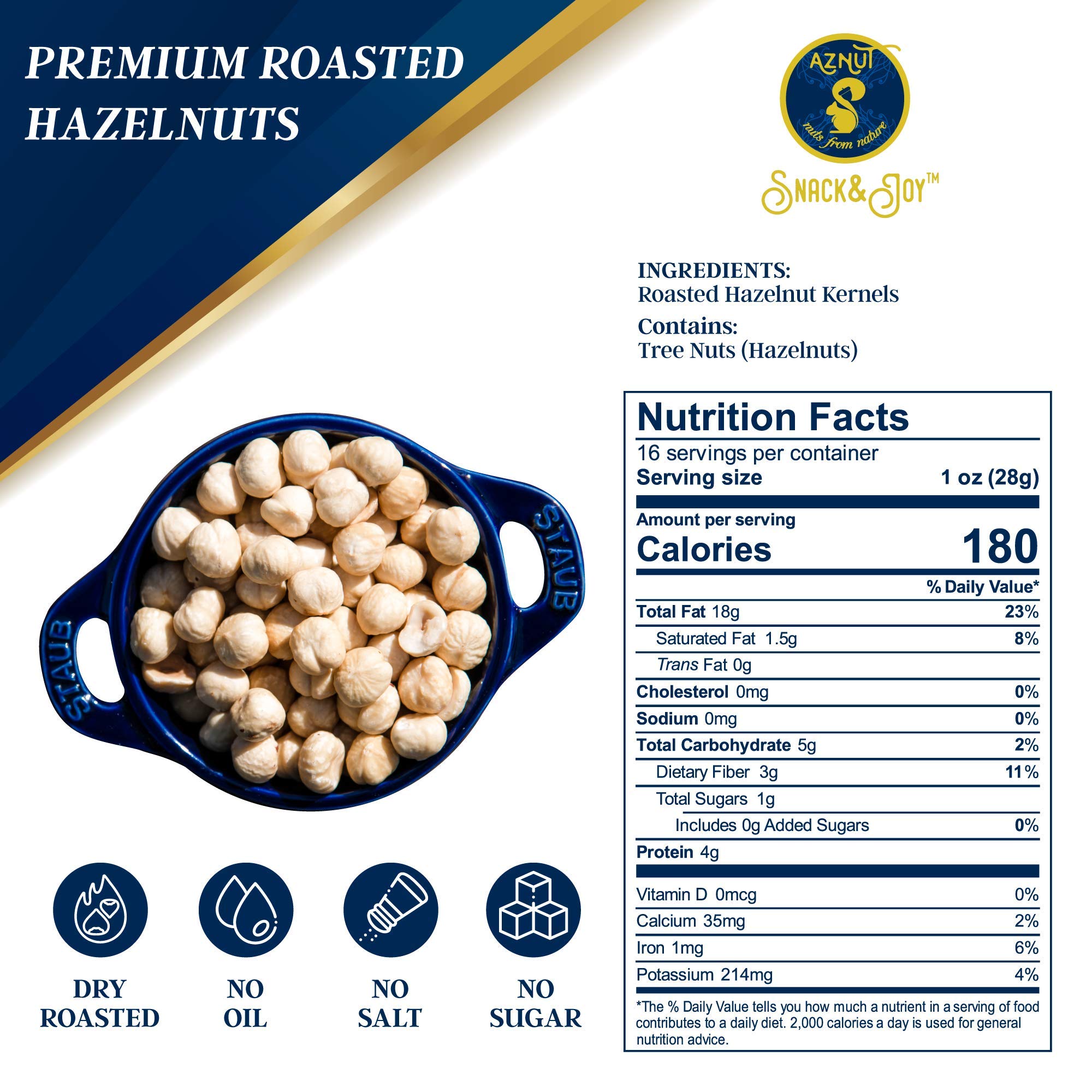 AZNUT Premium Roasted Unsalted Hazelnuts 3 LB - 100% Natural Non-GMO, Kosher Certified, No Salt, No Oil, Gluten Free, Keto-Friendly Snacks in Resealable Bag | Perfect for Baking, Healthy Snacking & Keto Diet