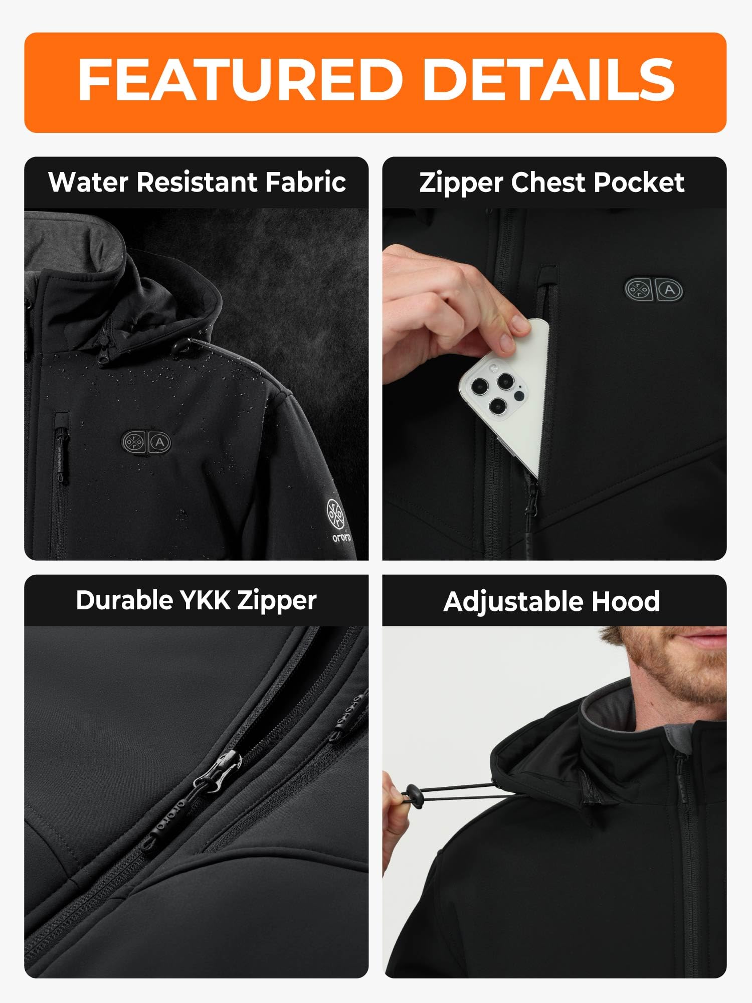 ORORO Men's Heated Jacket with 5 Adjustable Heat Zones & Pocket Warmer - Battery Powered Winter Coat for Outdoor Activities (Hiking, Skiing, Camping)