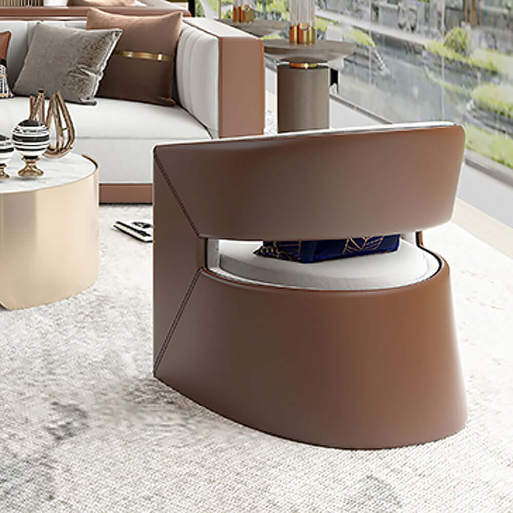 Modern Brown & Beige Solid Wood & Faux Leather Barrel Accent Chair - Perfect for Living Room, Bedroom, or Office Decor