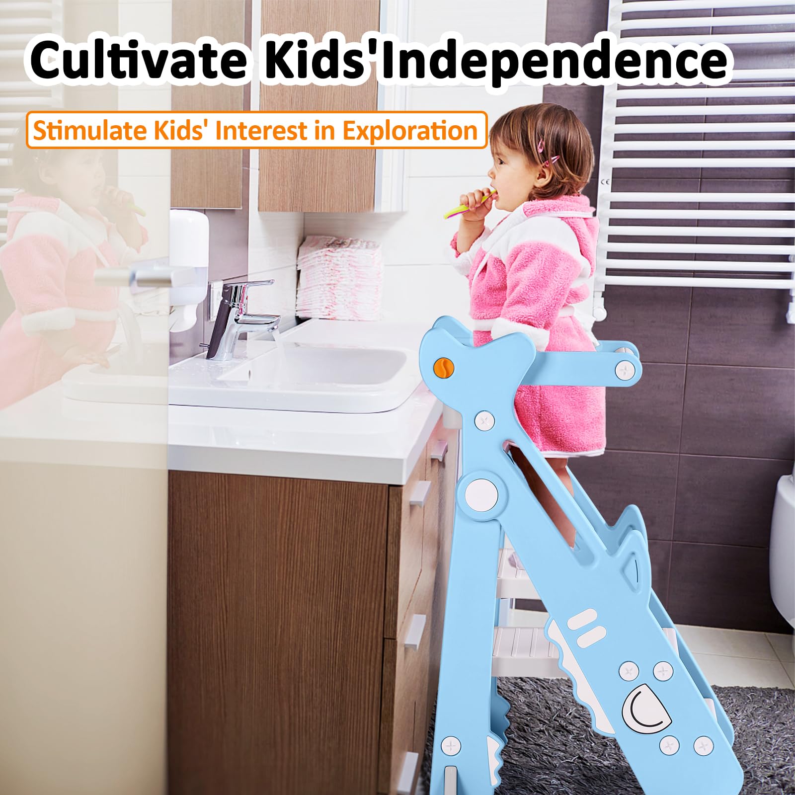 Foldable Adjustable Height Toddler Kitchen Step Stool - Safe Standing Tower Helper for Kids Cooking & Learning - Perfect for Baking, Washing Hands & Countertop Activities