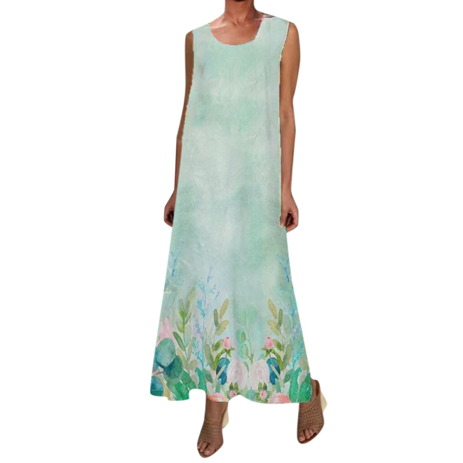 Blue Floral Print Women's Casual Sleeveless Long Dress with Pockets - Round Neck Summer Maxi Dress for Spring & Summer Daily Wear | Perfect for Beach Outings, Picnics, and Weekend Brunch