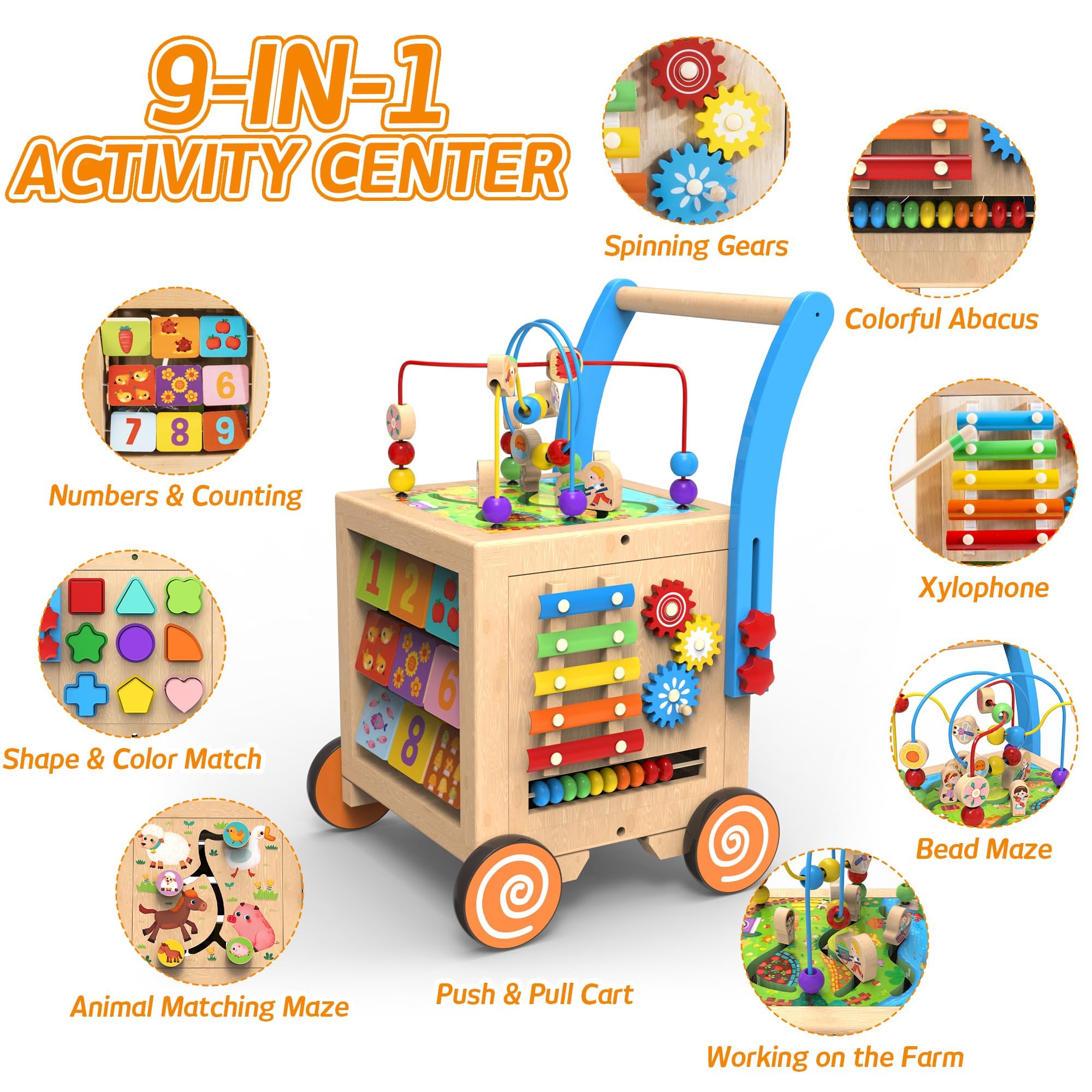 9-in-1 Wooden Activity Cube Baby Walker - Adjustable Height & Brake, Sit-to-Stand Learning Toy with Push & Pull Features for Toddlers Boys & Girls | Early Education Developmental Toy for Playroom, Nursery & Daycare