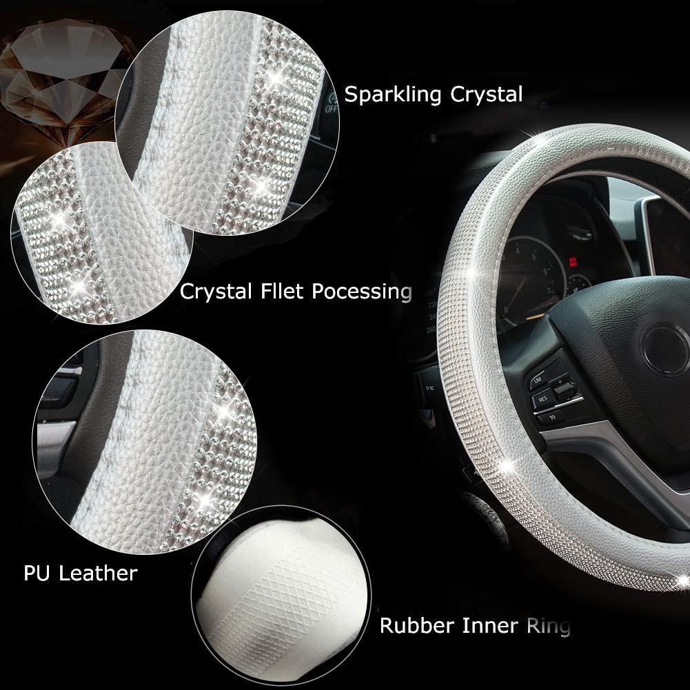 Diamond Leather Steering Wheel Cover with Crystal Rhinestones - Universal Fit 15 Inch Car Wheel Protector for Women & Girls (Silver) - Luxury Car Accessory for Daily Driving & Gift Giving