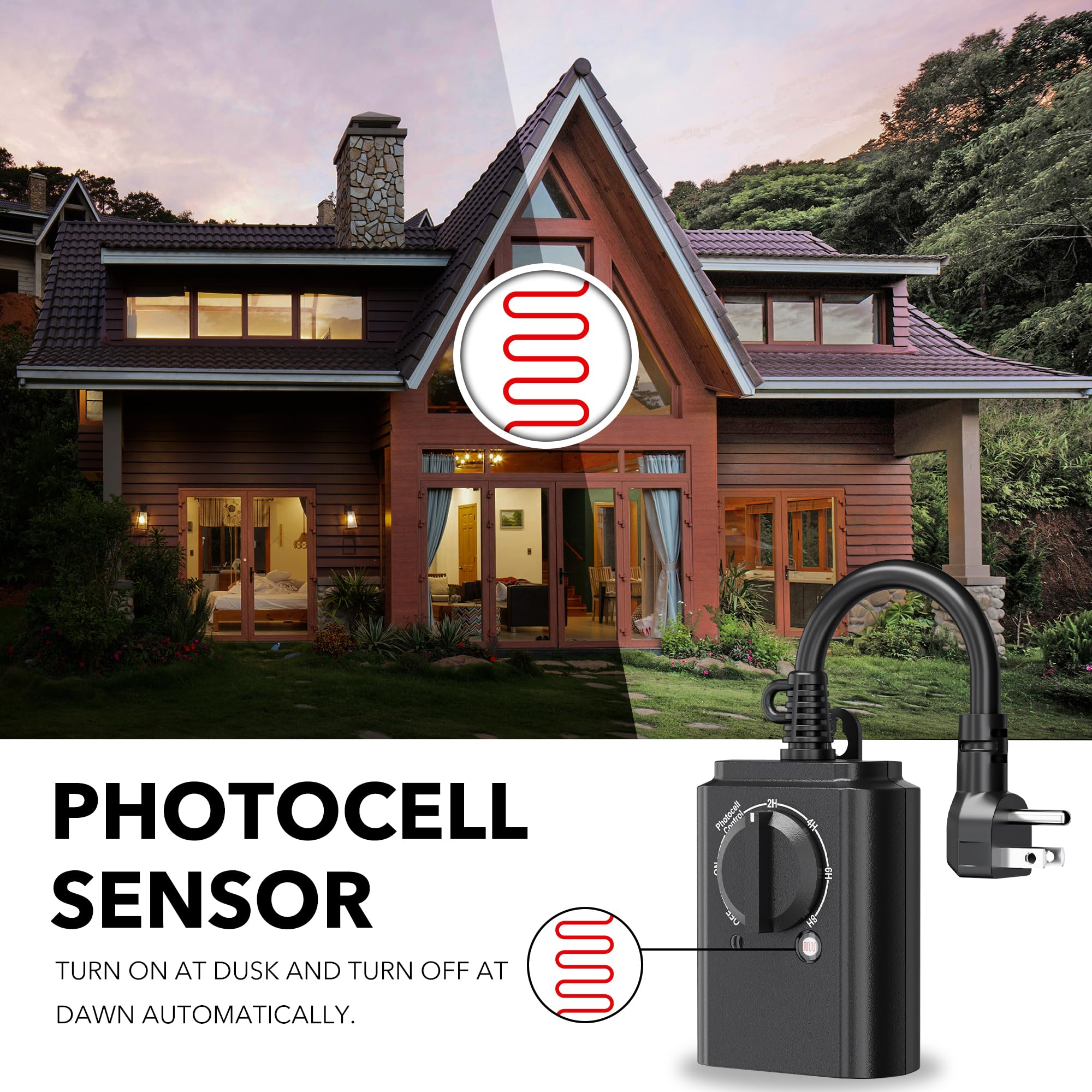 BN-LINK Outdoor 24-Hour Timer with Photocell Light Sensor - Waterproof Countdown Timer (2/4/6/8 Hours Mode) - Weatherproof Electrical Outlet Timer for Garden Lights, Holiday Decorations & Pool Pumps - 2 Pack Grounded Outlets for Home & Outdoor Use