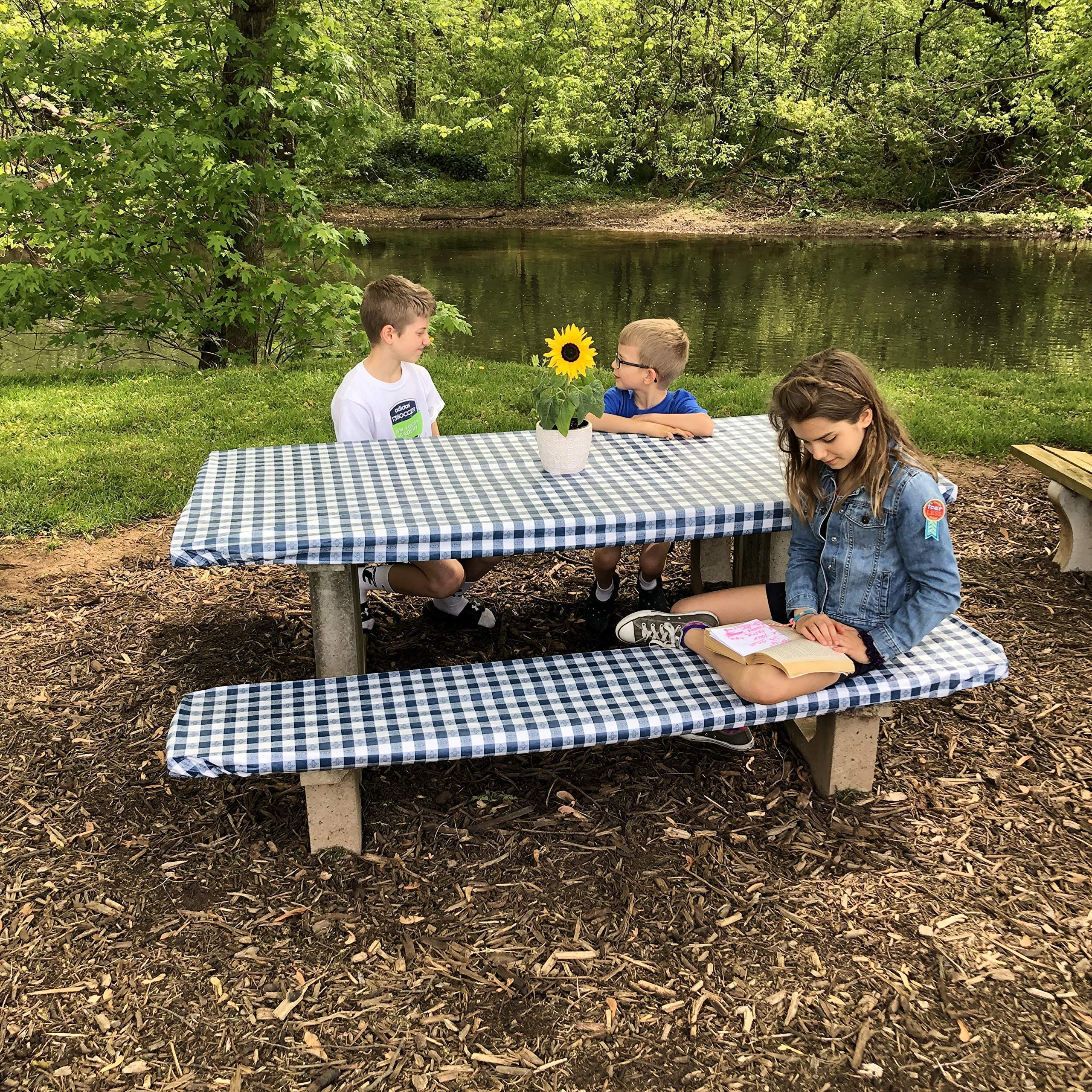 Waterproof Vinyl Tablecloth and Bench Cover Set - Handmade Boxwood & Mum Design, Adjustable Fitted Outdoor Patio Furniture Protector - Perfect for Dining Tables, Camping, Picnics & Outdoor Entertaining