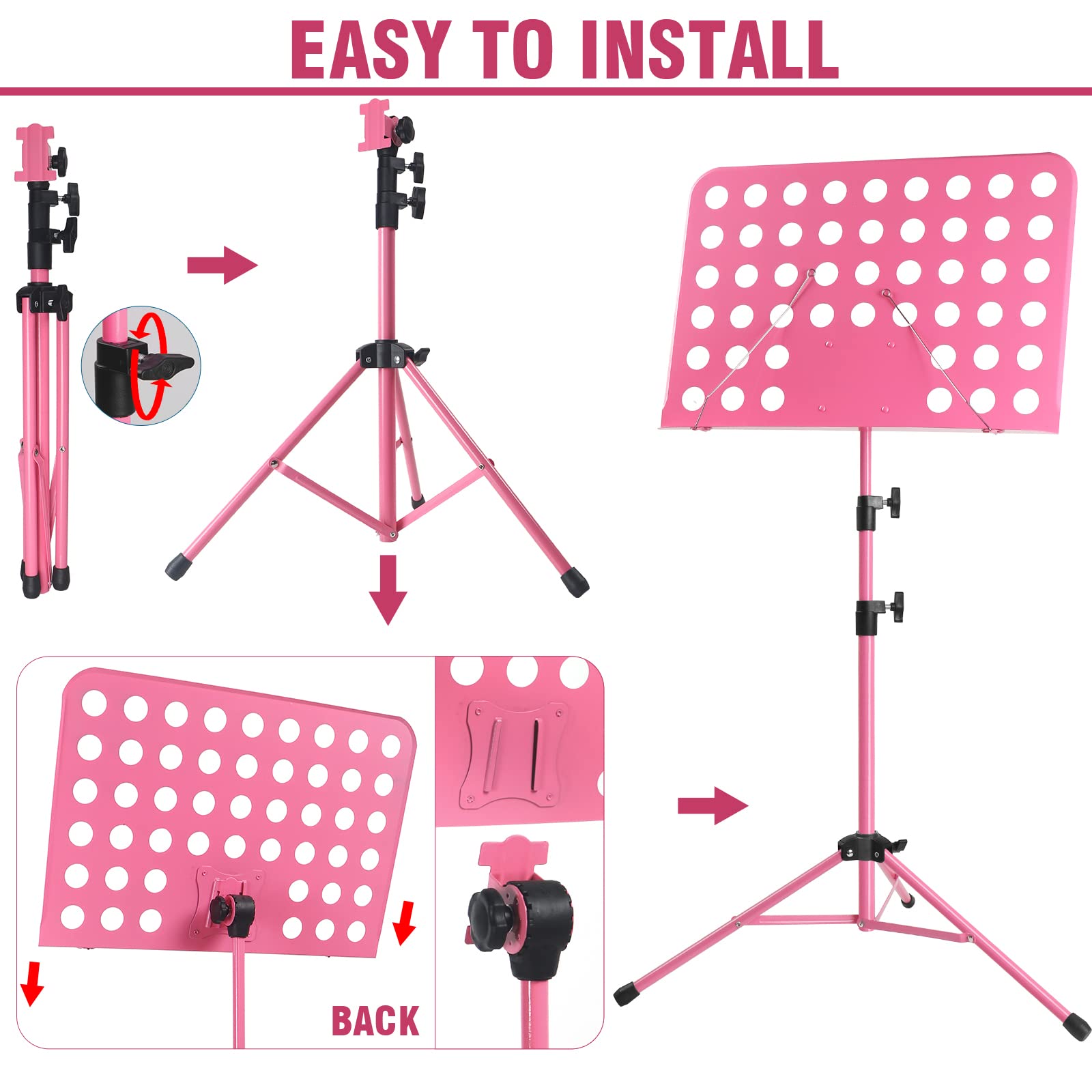 Lotmusic Pink Portable Music Stand - Foldable & Height-Adjustable Sheet Music Holder with Carrying Bag, Clip & Light | Perfect for Piano, Violin Practice & Travel | Home, School & Outdoor Use