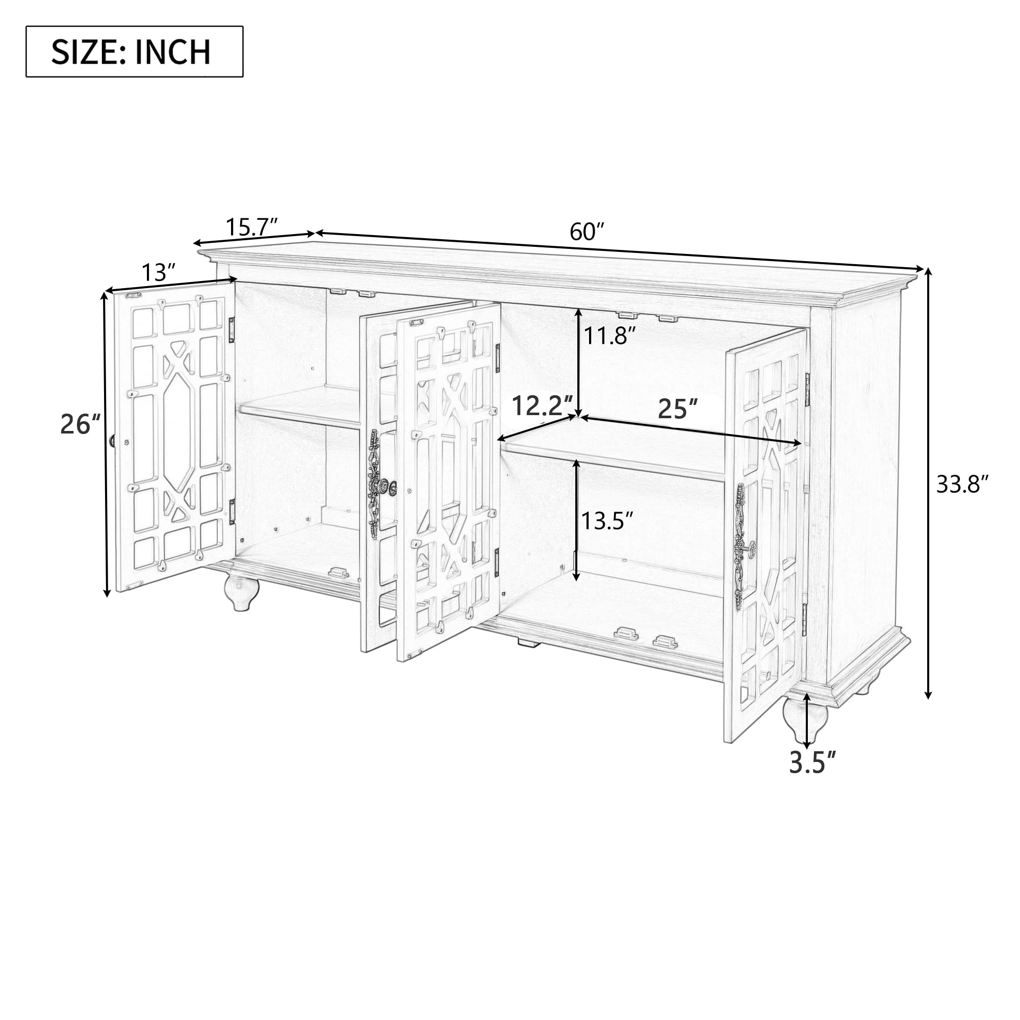 Elegant Glass Door Sideboard Buffet Cabinet - Long Bar Table Buffet Server with Adjustable Shelf, Retro Handles, Accent Storage Cabinet - Perfect for Living Room, Dining Room & Kitchen Storage Solution