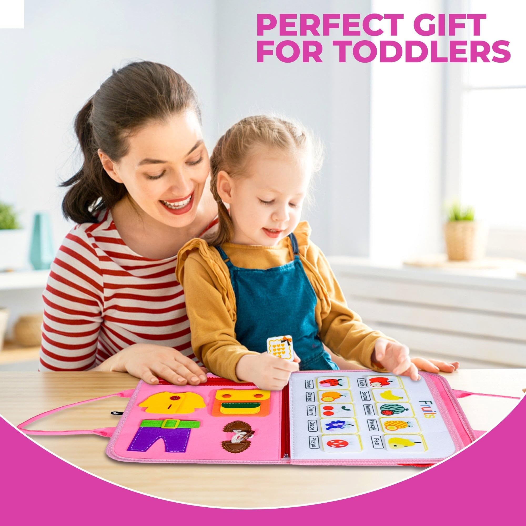 Montessori Busy Board for Toddlers 1-5 - Sensory Travel Toy & Learning Activity for Fine Motor Skills - Perfect Birthday Gift for Girls & Preschoolers