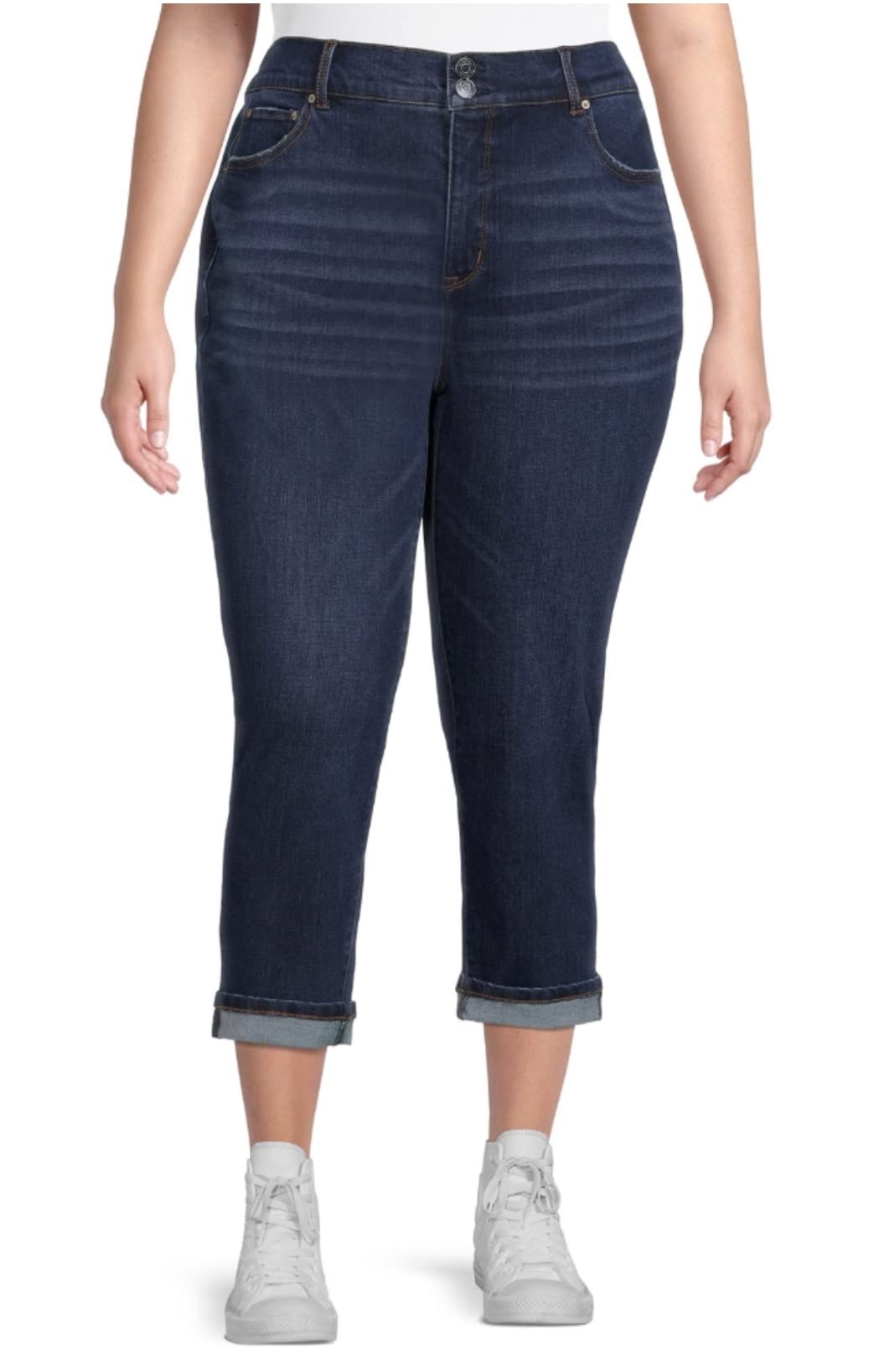Dark Wash Plus Size Pull-On Curvy Capri Pants for Women - 2X Blue Denim | Comfortable Stretch Jeans for Casual Wear & Everyday Outfits