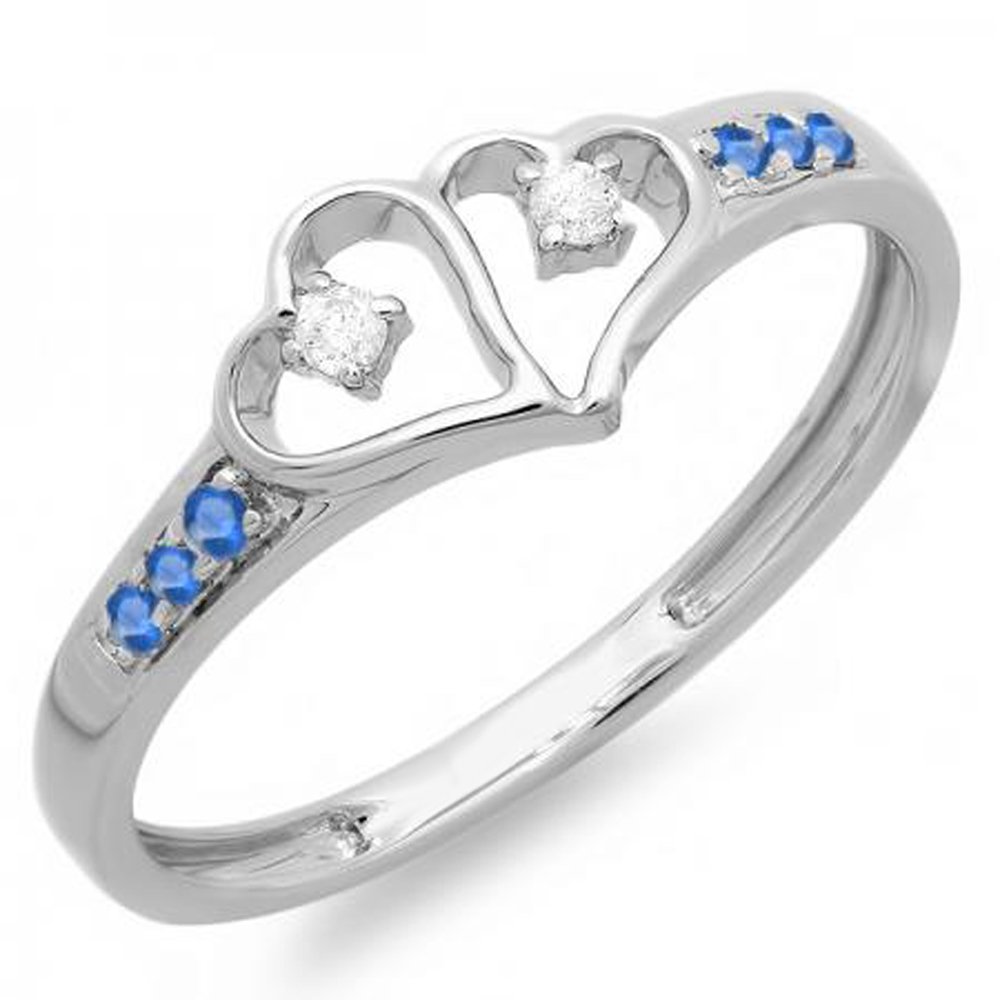 Dazzlingrock Round White Diamond & Blue Sapphire Double Heart Promise Ring for Women - Sterling Silver Engagement Ring - Perfect for Proposals, Anniversaries, and Romantic Gifts