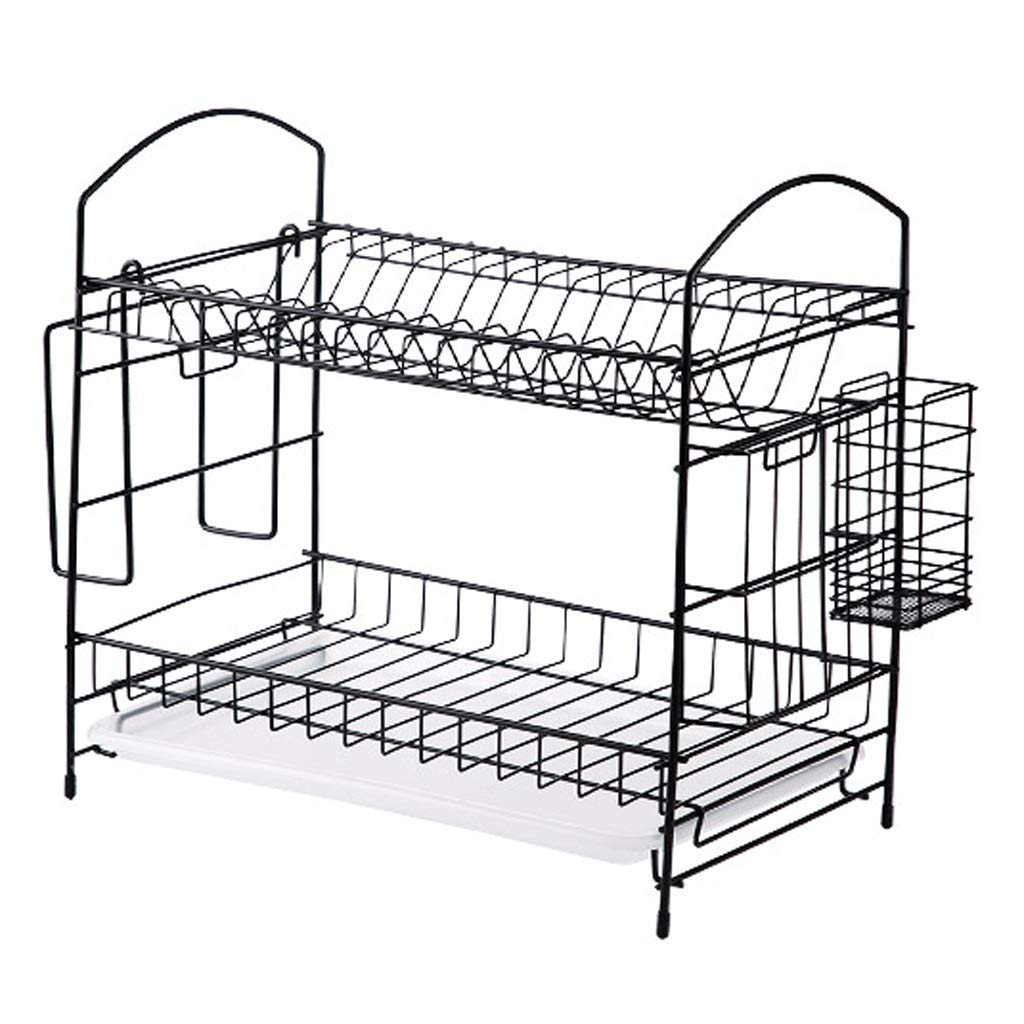 2-Tier Stainless Steel Dish Rack with Utensil Holder & Cutting Board - Space Saving Kitchen Countertop Drying Rack for Dishes, Cups & Cookware - Perfect for Small Kitchens, Apartments & RVs (Black)