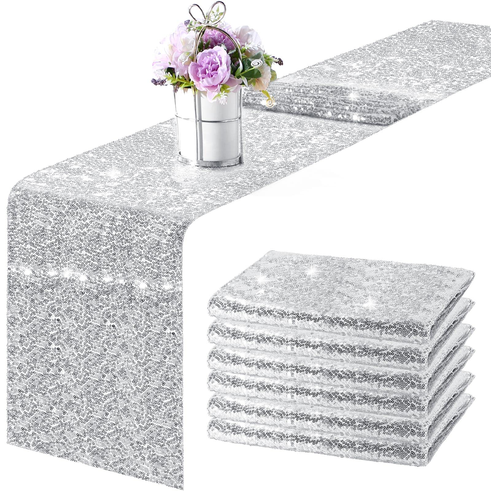 6-Pack 12x108 Inch Silver Sequin Table Runner - Glitter Rectangular Party Tablecloth for Birthday, Wedding, Baby Shower, Bachelorette & Holiday Decorations - Perfect for Dining Tables, Buffets and Event Centerpieces