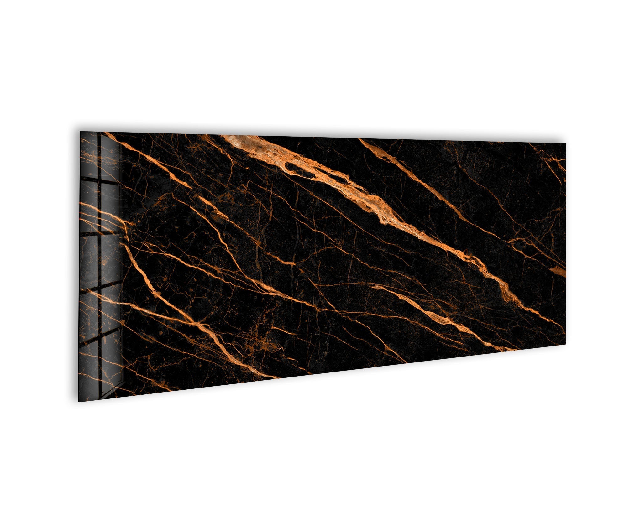 Black Marble with Orange Veins Glass Wall Art - Modern Abstract Home Decor for Living Room, Bedroom & Office - Shatterproof Tempered Glass Wall Hanging