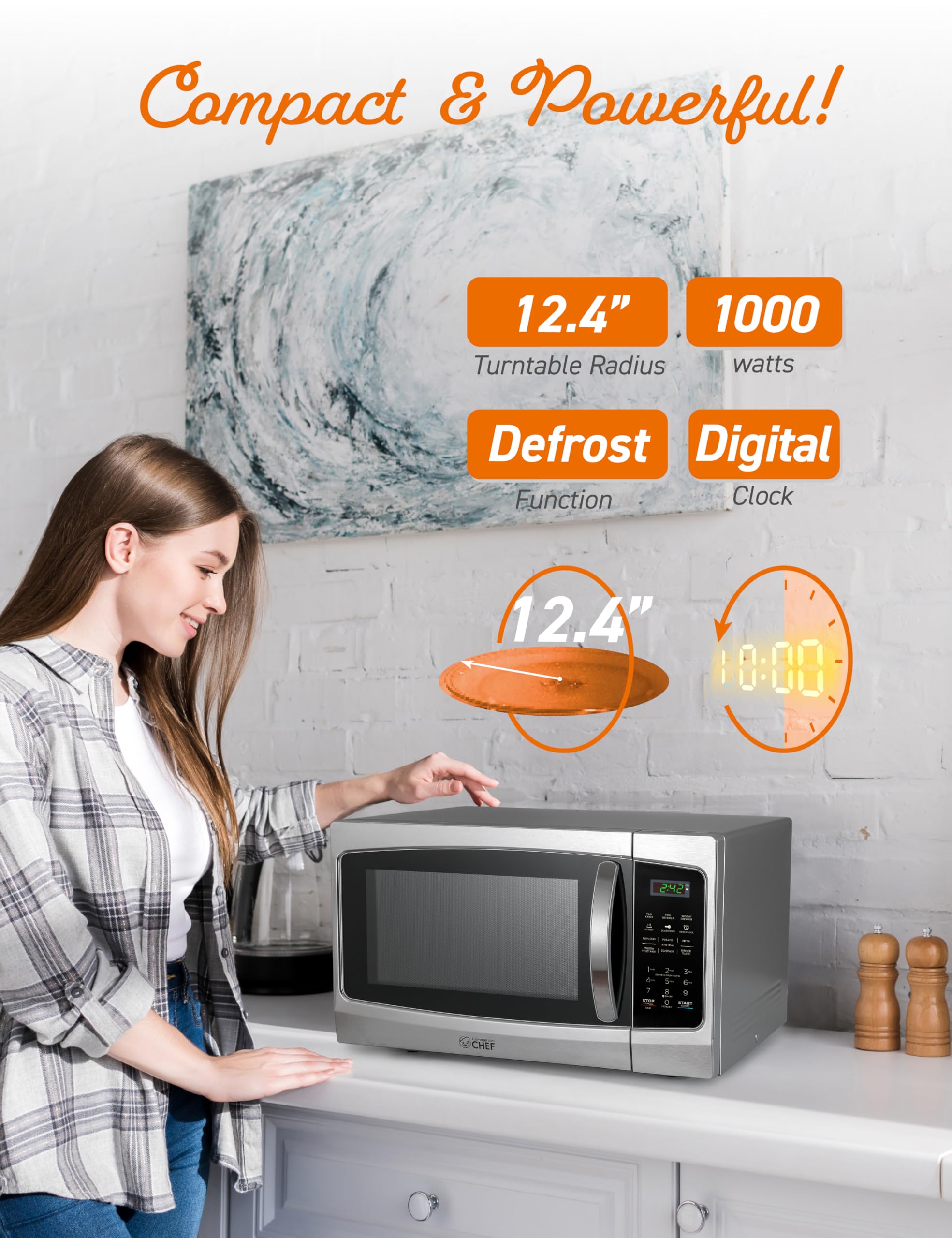 Commercial Chef 1.3 Cu Ft 1000W Stainless Steel Countertop Microwave with 10 Power Levels, Pull Handle Door Lock, Digital Controls & Timer - Perfect for Home Kitchen, Office Breakroom or Dorm Room