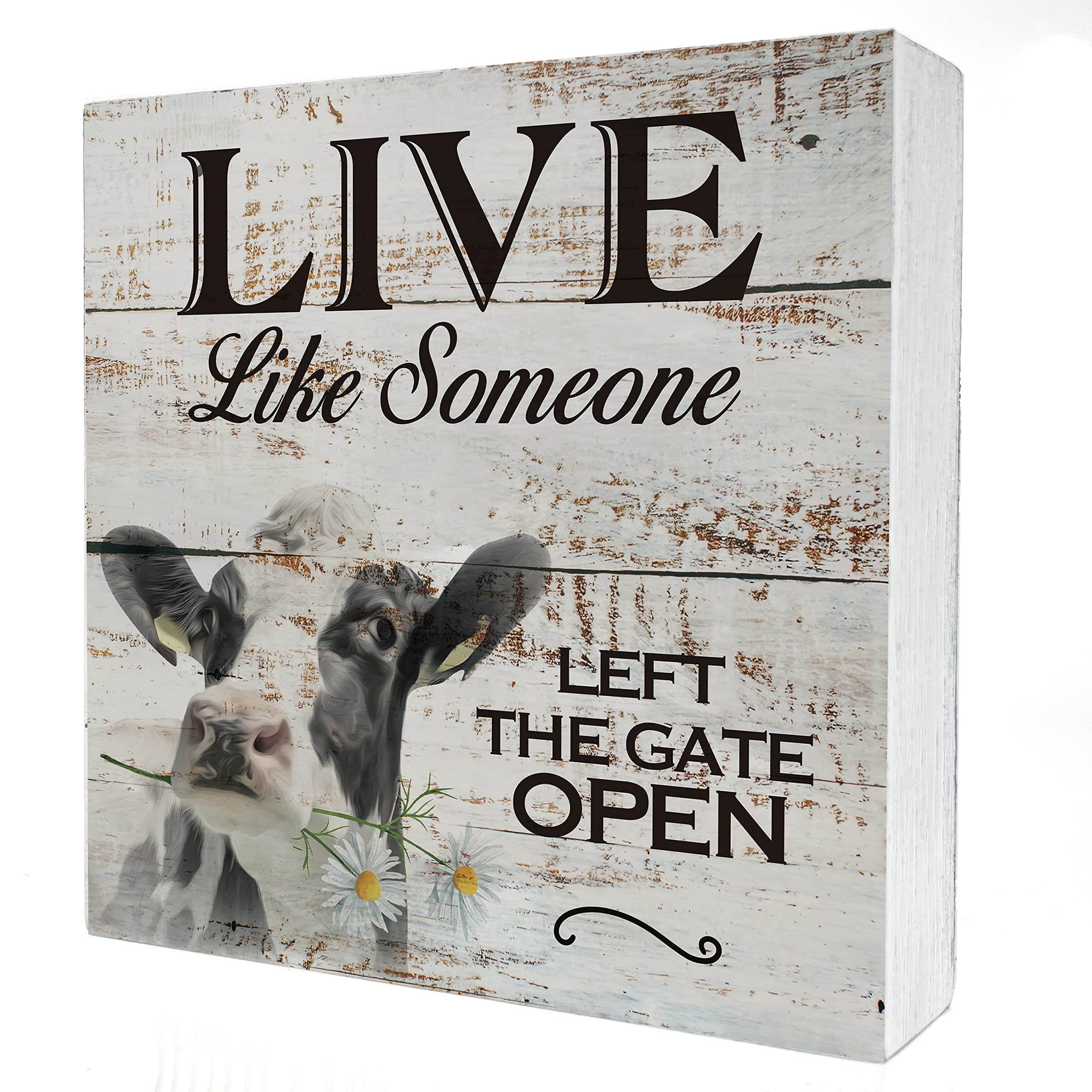Live Like Someone Cow Wooden Box Sign - 5x5 Inch Rustic Wood Block Plaque with Inspirational Quotes for Desk, Shelf, Table - Home, Living Room, Office Decor (Perfect for Farmhouse, Cottage & Country Style Spaces)