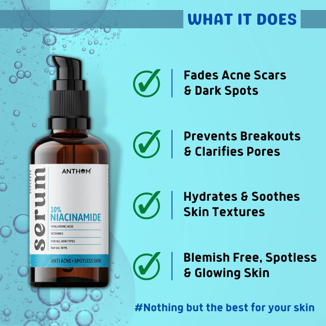 Anthom 10% Niacinamide Face Serum for Acne Treatment - Reduces Acne Scars, Blemishes, Pigmentation & Dark Spots | Vegan Formula for Oily, Acne-Prone & Sensitive Skin | Unisex Skincare Solution (30ml) | Perfect for Daily Use & Nighttime Skin Repair Routine