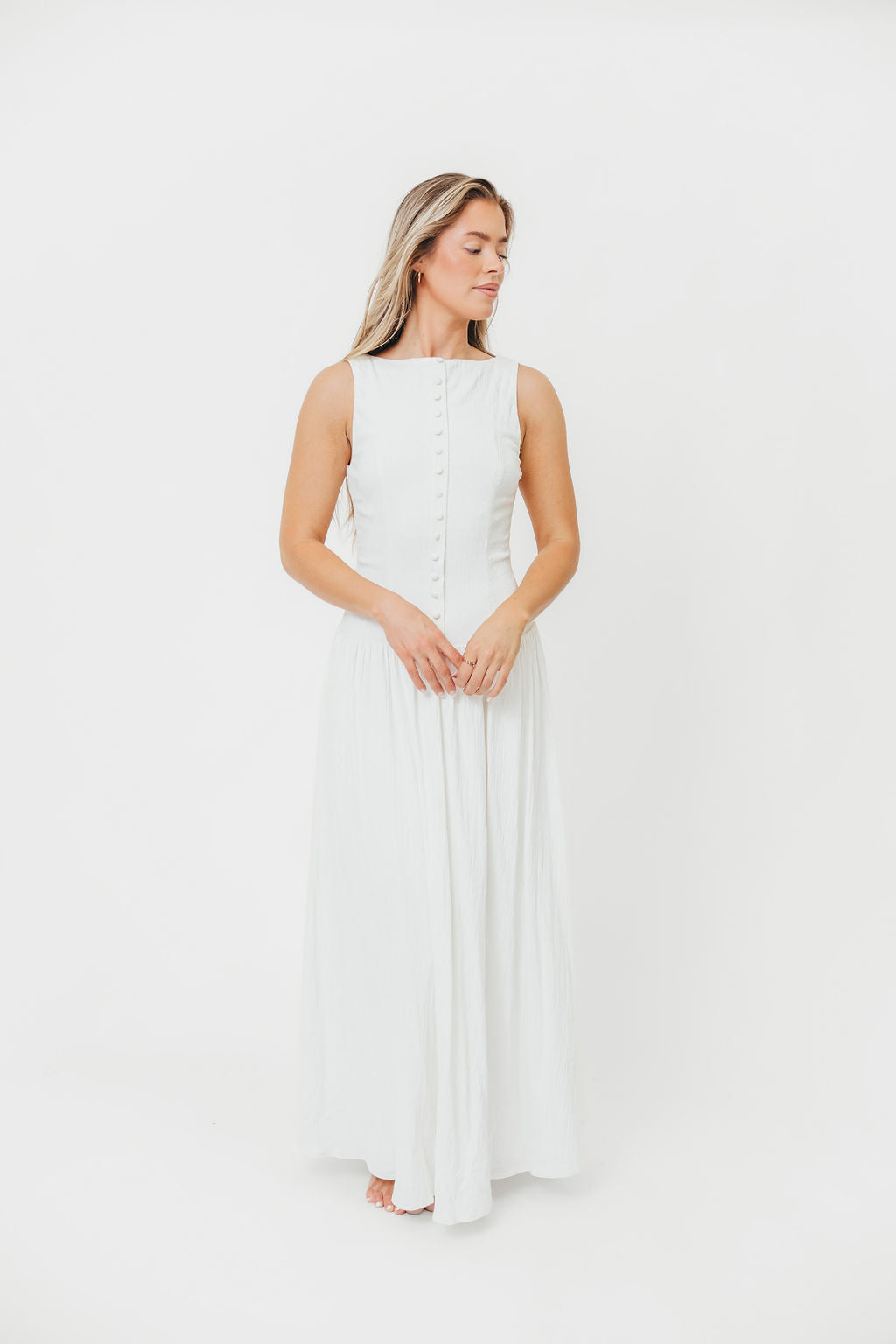 Sondra Stretch Maxi Dress with Button Detail & Dropped Waist - Off White Women's Summer Dress for Beach, Wedding & Casual Wear