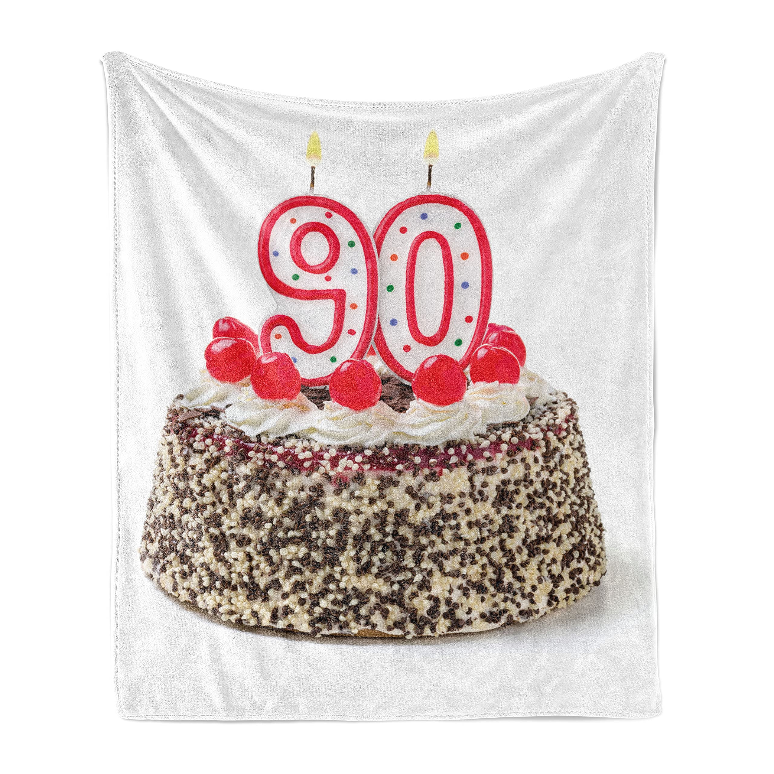 Ambesonne 90th Birthday Throw Blanket - Soft Flannel Fleece Blanket with Birthday Cake, Cherries & Candles Design, 60