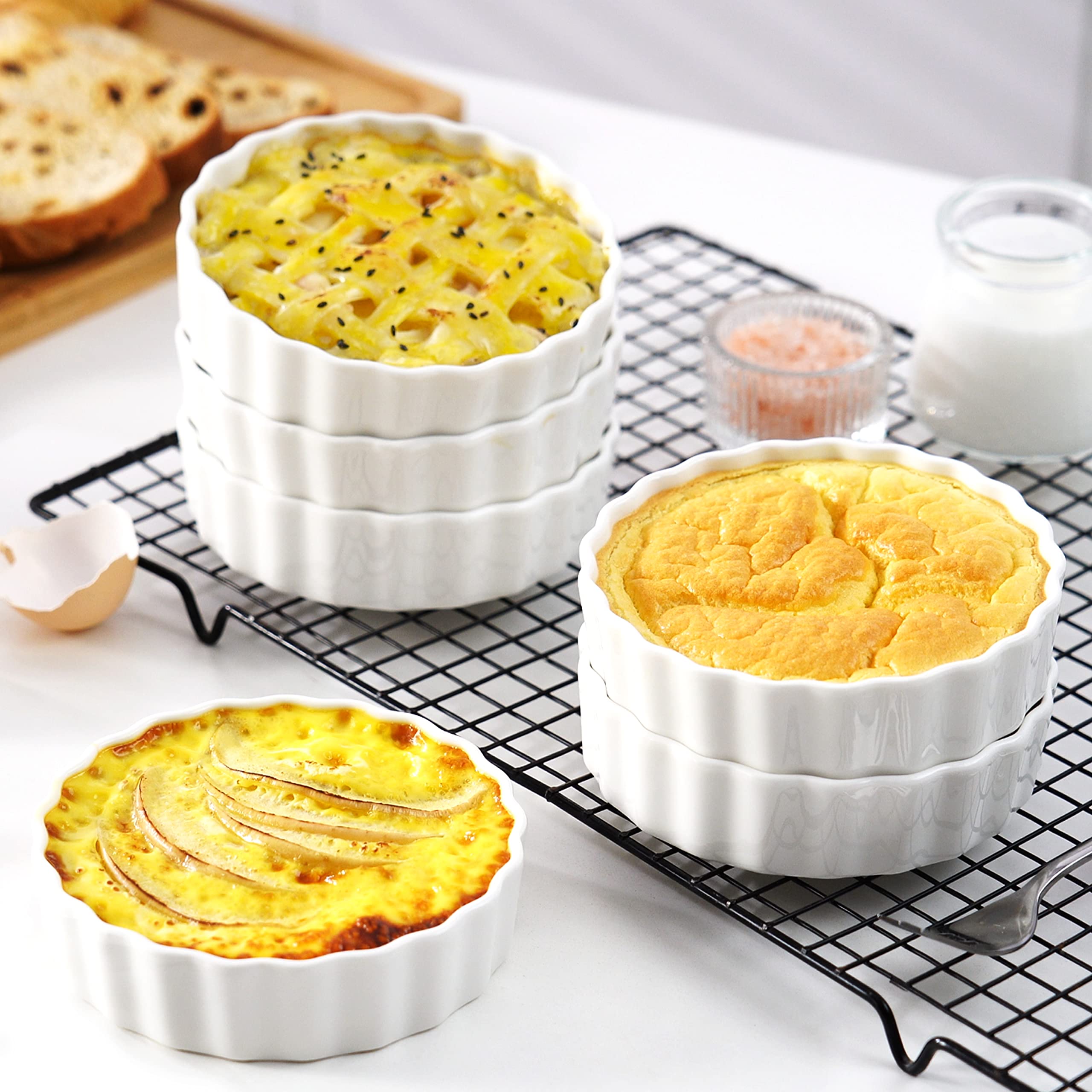 LOVECASA 8 Oz Porcelain Ramekins Set of 6 - Oven Safe Baking Dishes for Creme Brulee, Soufflés, Custards & Quiche | Chip-Resistant, Stackable White Ceramic Bowls | Perfect for Desserts, Appetizers & Meal Prep
