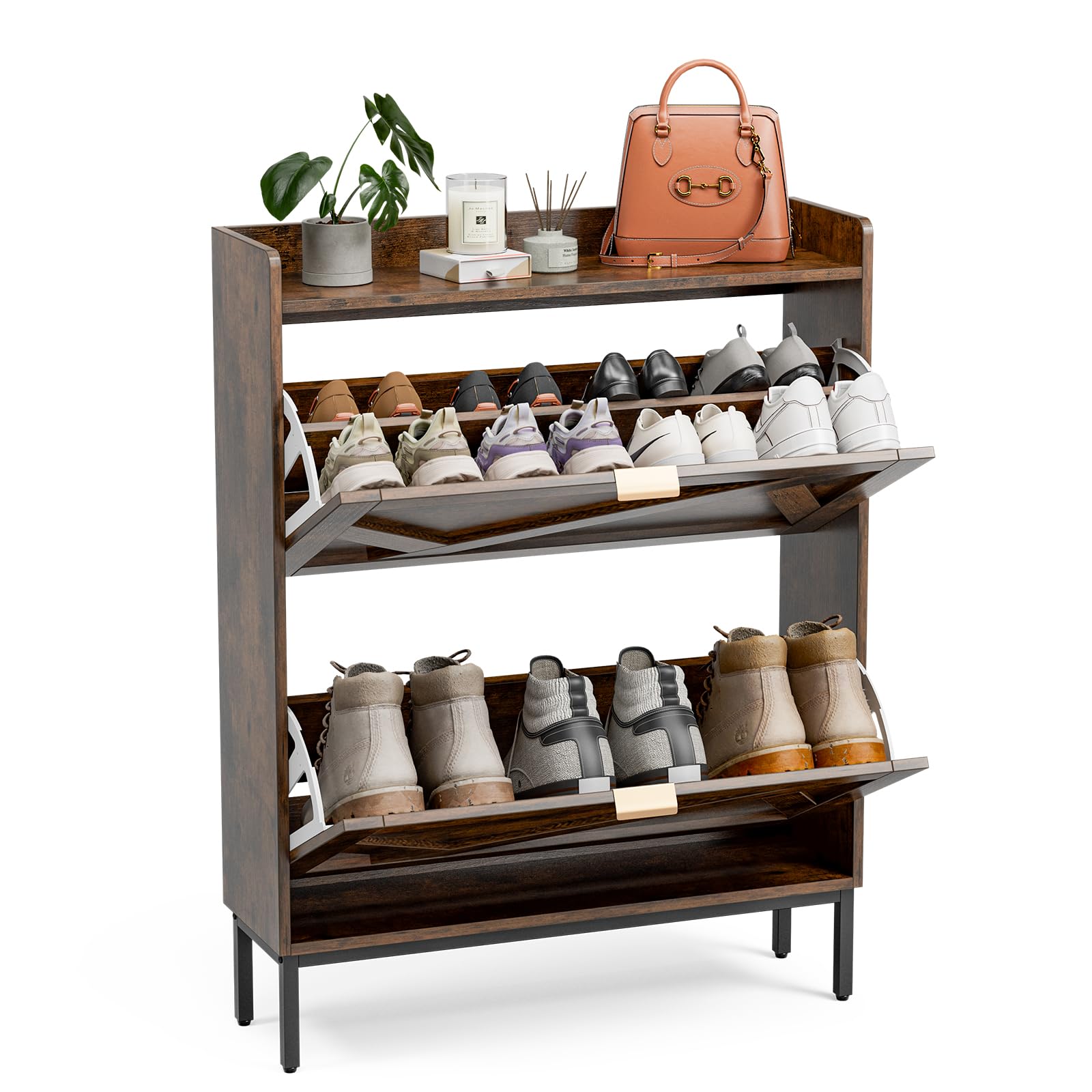 Wooden Entryway Shoe Storage Cabinet with 2 Hidden Drawers - Slim Space-Saving Shoe Organizer for Hallway, Entrance & Small Spaces - Rustic Brown Flip Shoe Rack Perfect for Apartments & Mudrooms