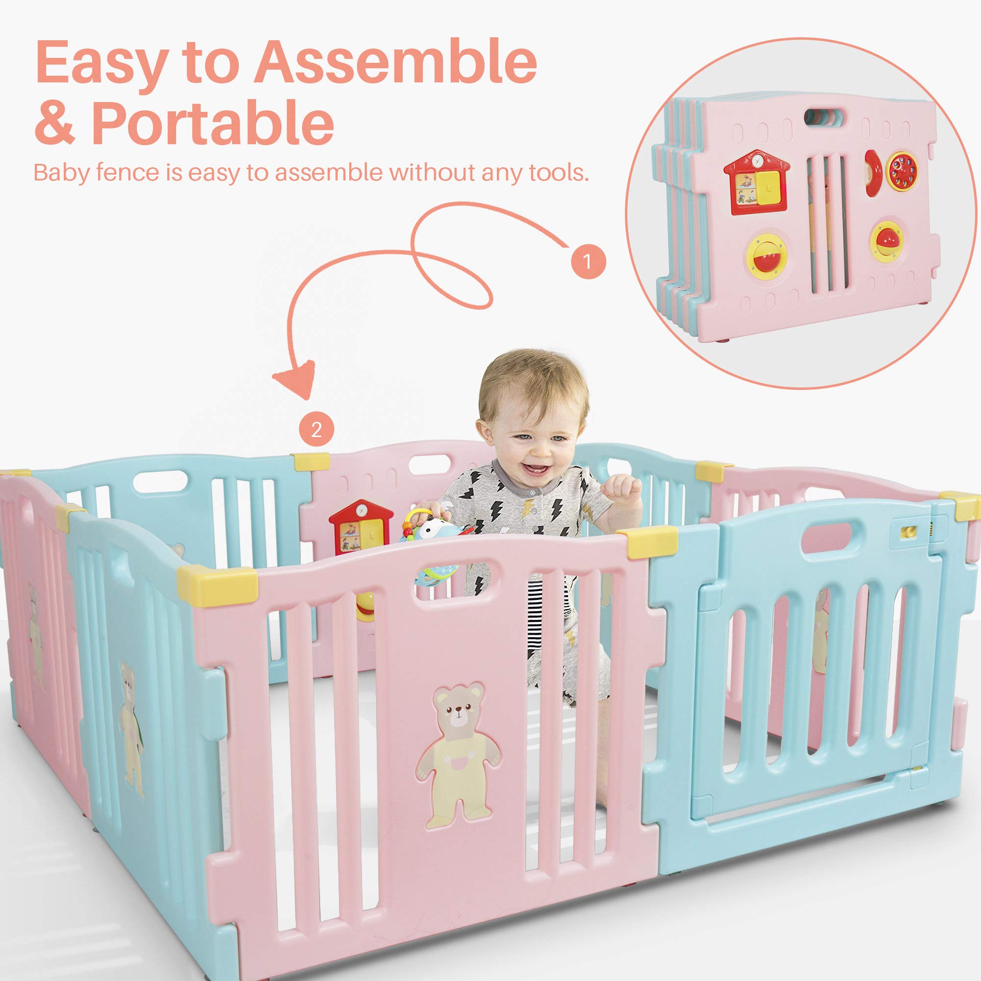Kidzone 8-Panel Baby Playpen with Safety Gate - ASTM Certified Toddler Play Yard for Indoor & Outdoor Use - Anti-Fall Activity Center for Kids (Pink/Blue) - Perfect for Playrooms, Daycares & Backyards
