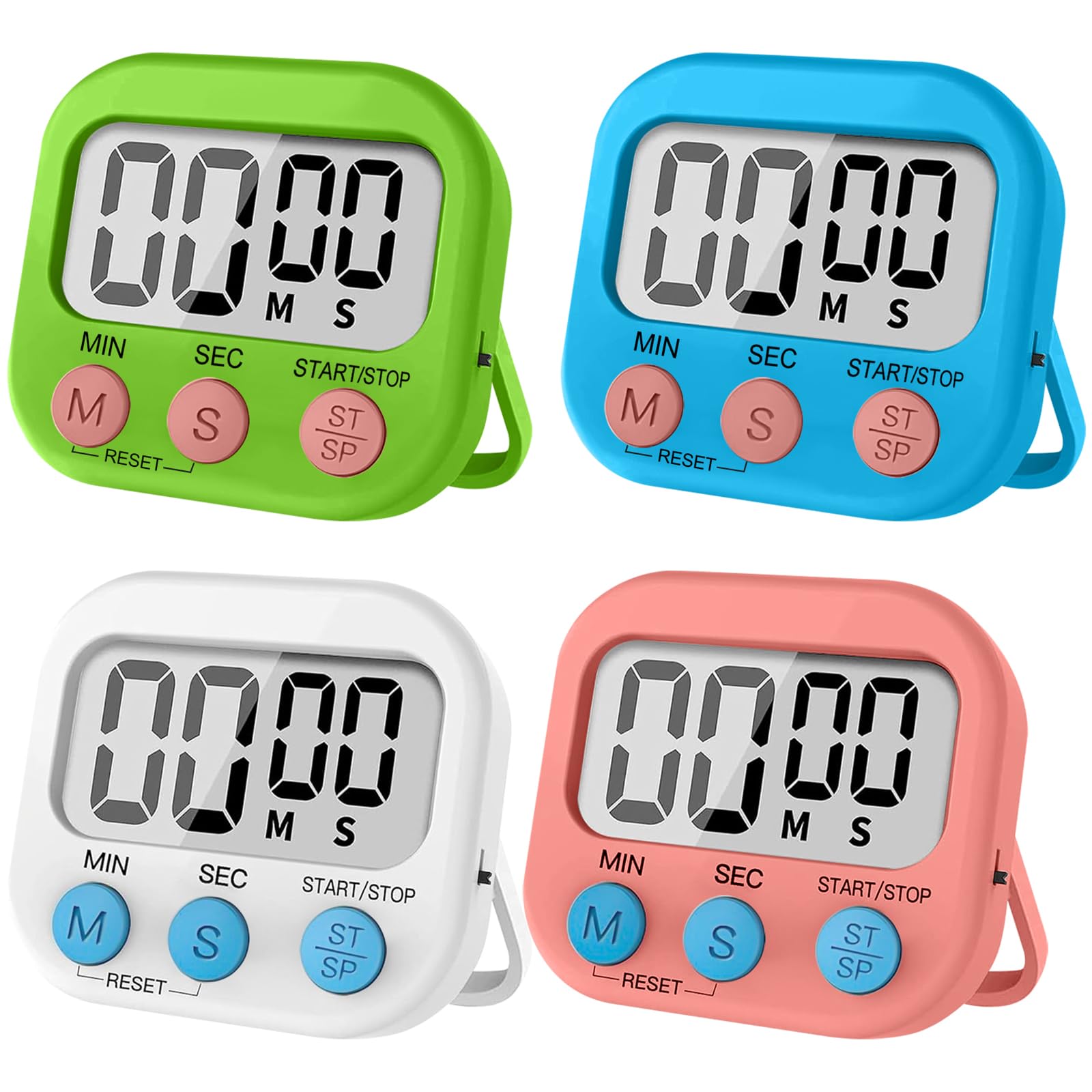 4-Piece Magnetic Digital Kitchen Timer Set with Stand, Countdown & Timing - Perfect for Cooking, Baking, Studying, Working & Exercise (4 Colors) | Ideal for Home Kitchen, Office, Gym & Classroom Use