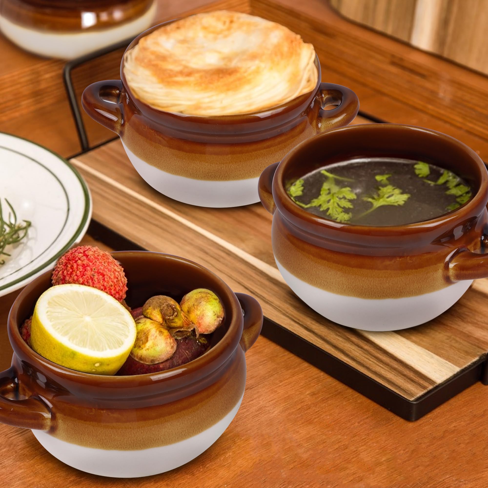 4-Pack 16 Oz French Onion Soup Crocks - Oven Safe Ceramic Bowls with Handles for Baking, Serving & Entertaining - Perfect for French Onion Soup, Casseroles & Desserts