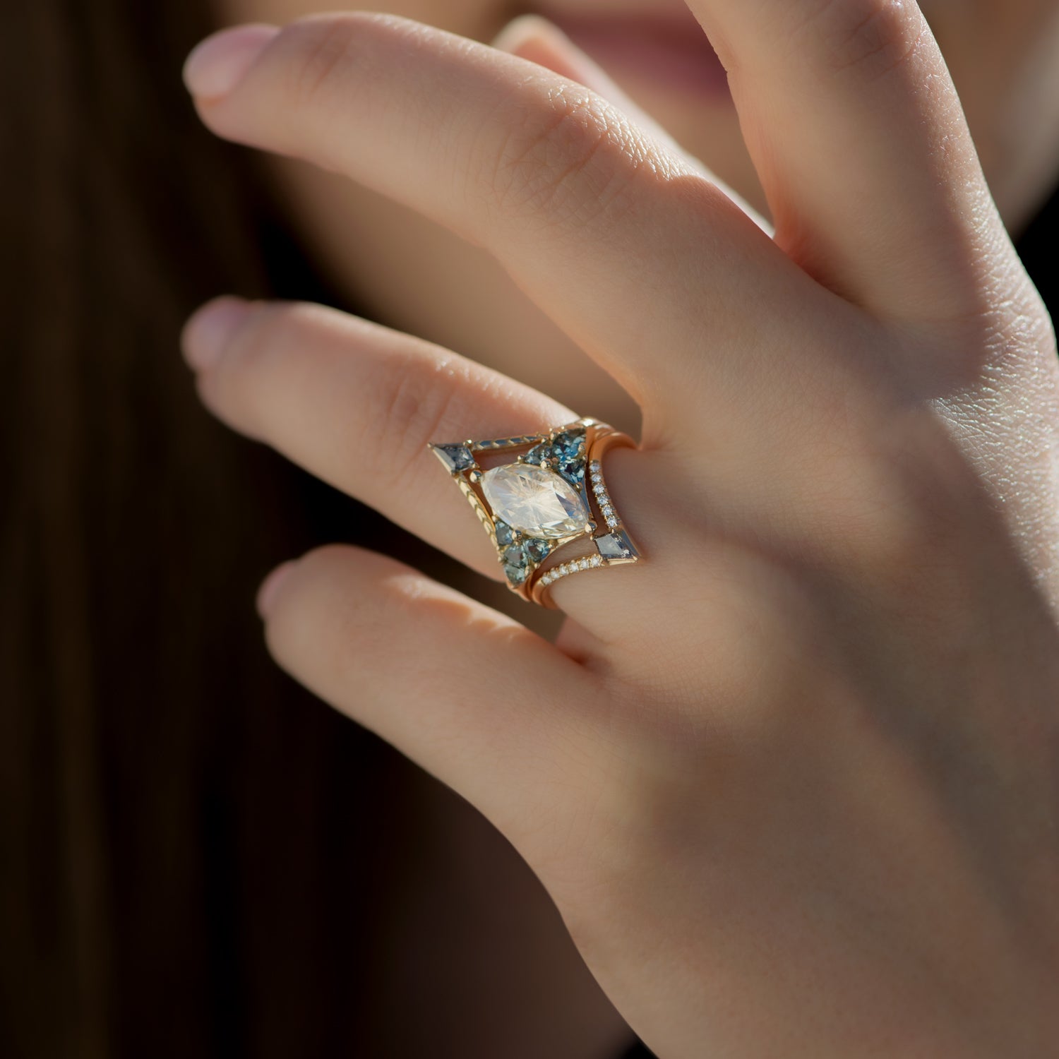 Engraved Chevron Ring with Salt & Pepper Kite Diamond - Elegant Stackable Jewelry for Weddings, Anniversaries & Everyday Wear