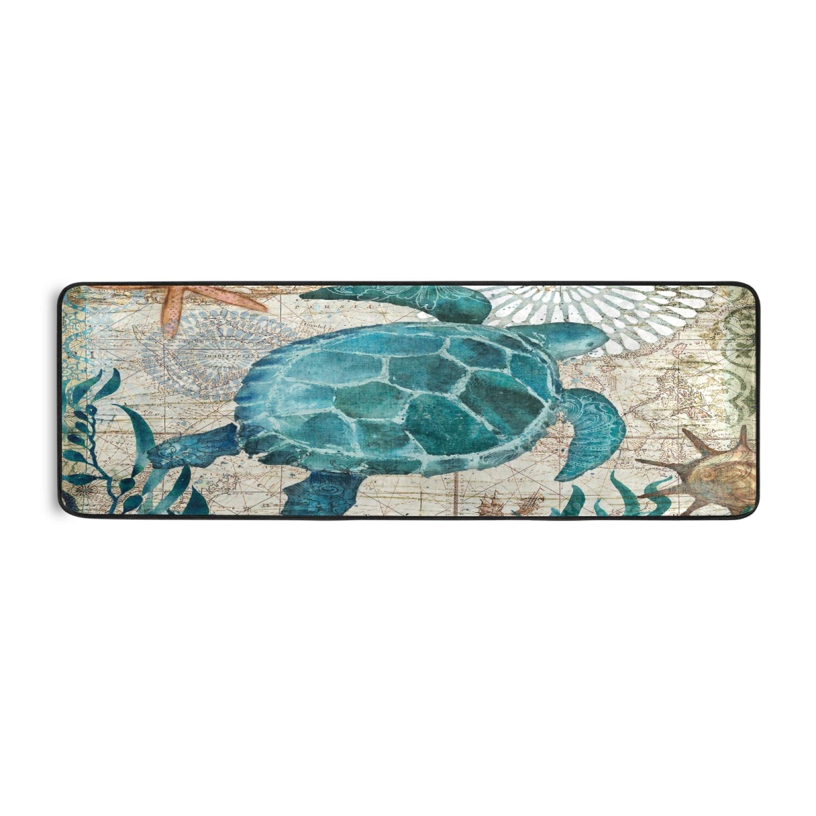 Vintage Ocean Sea Turtle Starfish Map Non-Slip Kitchen Runner Rug 2' x 6' - Soft Bathroom Carpet, Hallway Entry Mat, Coastal Decor for Beach House Bathroom & Kitchen Floor