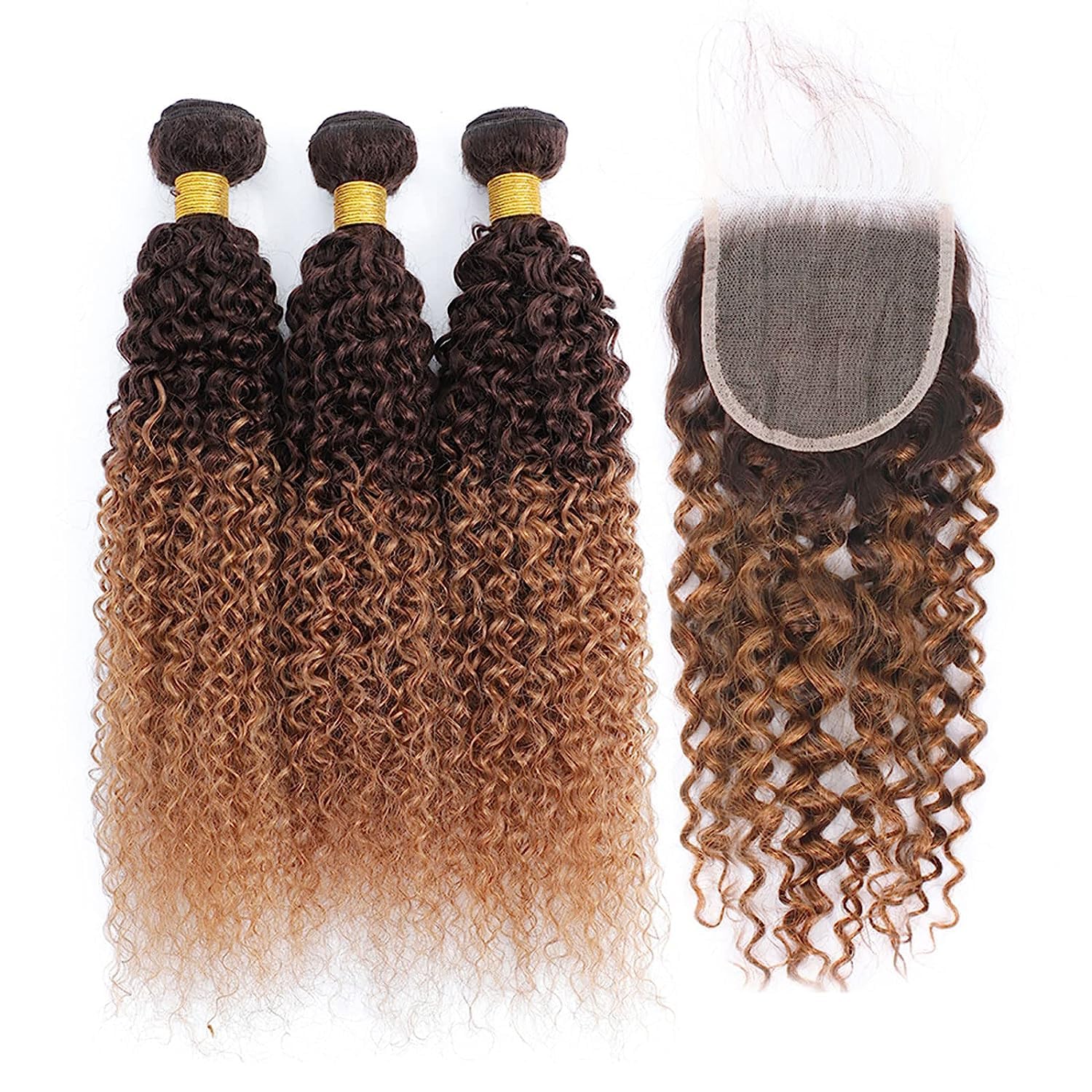 Brazilian Virgin Human Hair Bundles with 4x4 Lace Closure - 3 Bundles T4/30 Ombre Kinky Curly Weave (20 22 24+18 Inch) - Perfect for Natural Hairstyles, Parties & Daily Wear