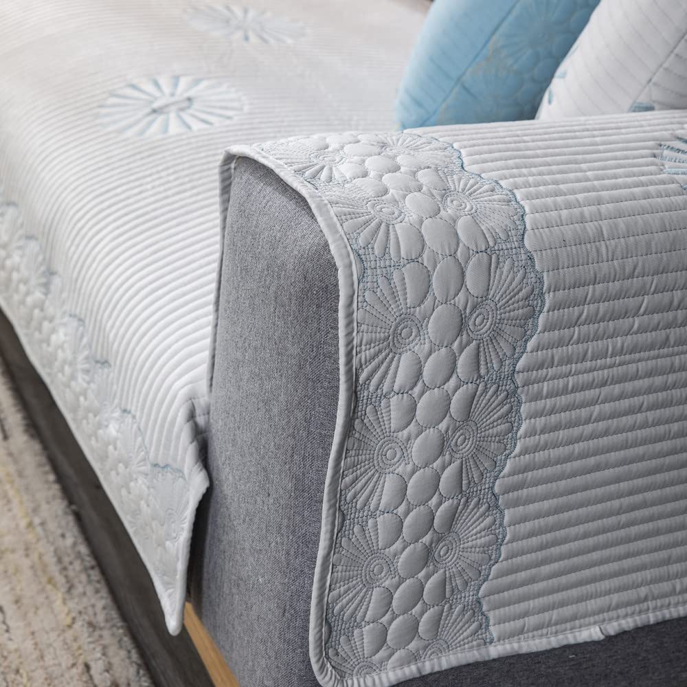 QUNLIPAI Embroidered Cotton Linen Sofa Cover - 43x43 Inch White Couch Protector for Living Room, Reversible Stretchable Furniture Slipcover - Perfect for Home Decor, Pet Protection & Daily Use