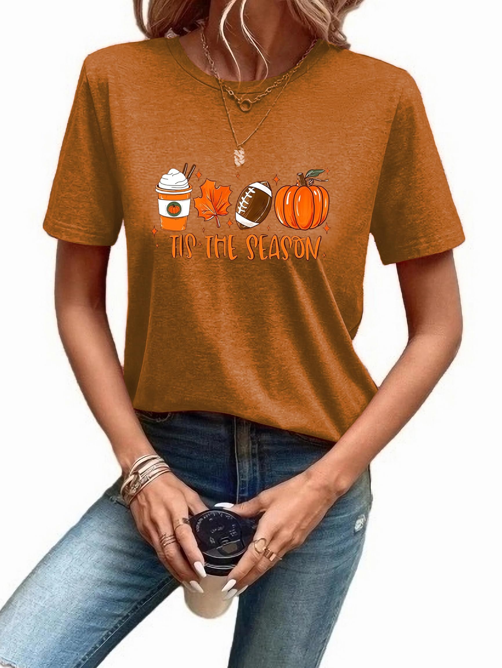 Women's Casual Crew Neck Short Sleeve Graphic T-Shirt - Holiday & Fall Fashion Top - Perfect for Christmas Parties, Autumn Outings & Seasonal Celebrations