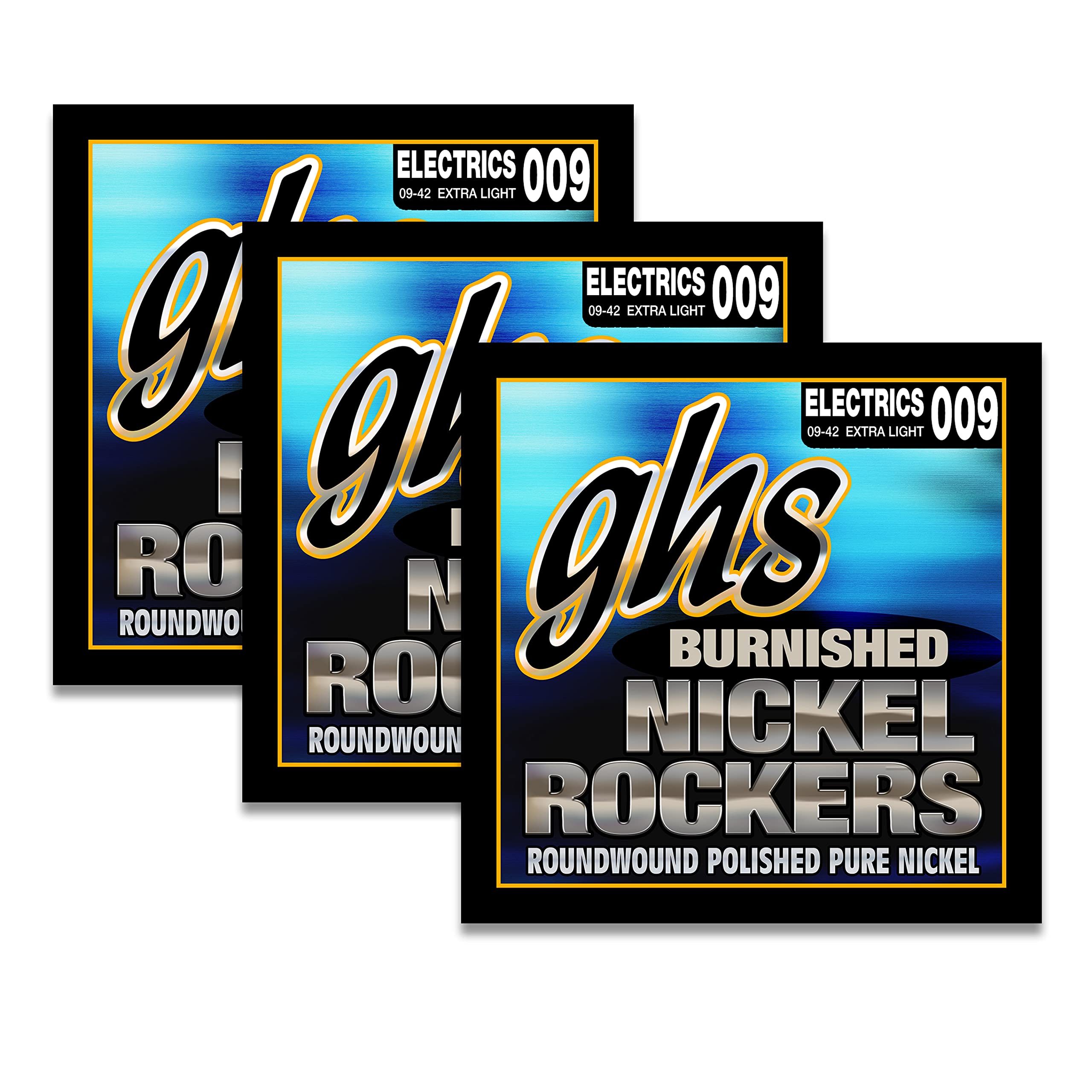 GHS BNR-XL Electric Guitar Strings - Burnished Nickel Rockers, Polished Pure Nickel, Extra Light 9-42 Gauge (Pack of 3) | Perfect for Rock, Blues & Studio Recording