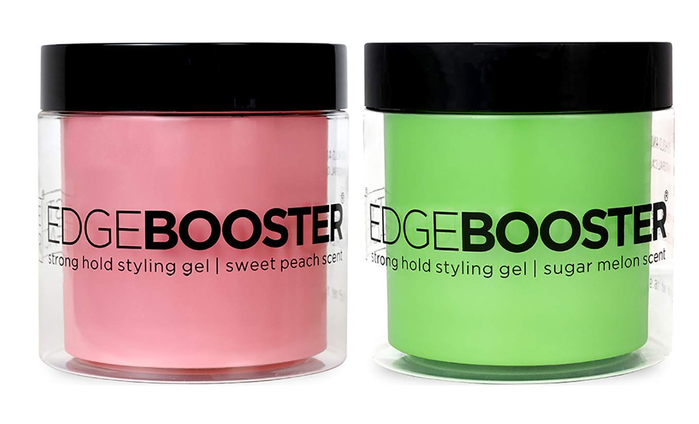 Edge Booster Styling Gel - 2 Pack (16.9 oz Each) Sweet Peach & Sugar Melon Scent - Strong Hold Hair Gel for Men & Women - Perfect for Curly, Wavy & Straight Hairstyles - Salon Quality Styling for Everyday Use & Special Occasions