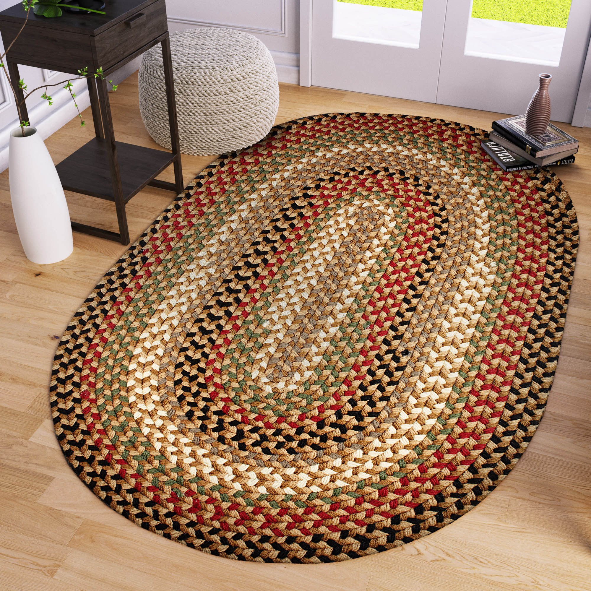 Super Soft Braided Area Rug - 6' X 6' Round Indoor/Outdoor Reversible Washable Rug for Patio, Deck, Living Room - Natural Earth Tone - Santa Maria Design