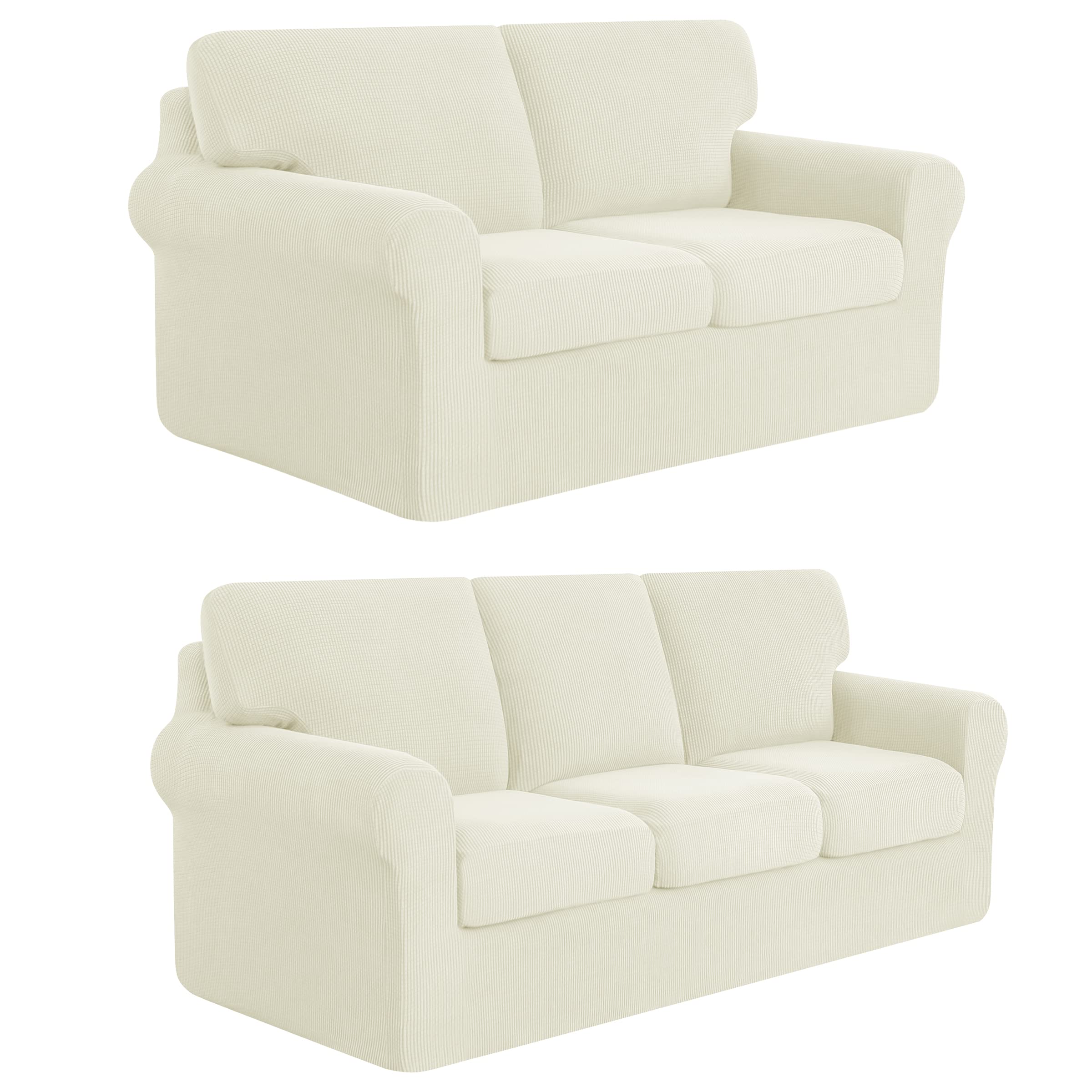 SUBRTEX 5-Piece Loveseat Cover & 7-Piece Sofa Cover Set - Stretchable Couch Slipcover with Separate Backrest & Cushion Covers - Fits Medium & Large Couches (Ivory) - Perfect for Living Room, Home Theater & Family Gatherings