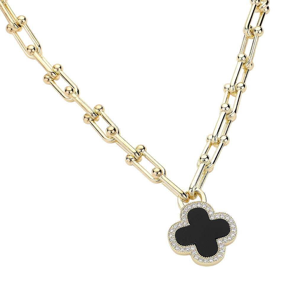 CZ Stone Black Quatrefoil Pendant Necklace with Gold Dipped Chain - Elegant Jewelry for Women, Perfect for Parties, Weddings & Special Occasions