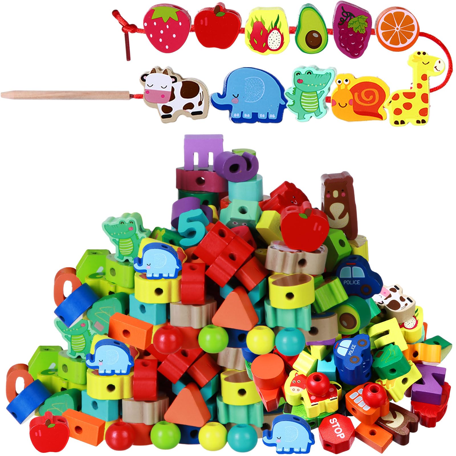 Shappy 139 Pcs Wooden Lacing Beads Toys for Toddlers - Educational Fine Motor Skills Activity with Animal Shapes & Strings - Montessori Learning Toys for Kids Ages 1-6 (Perfect for Preschool Classroom & Home Play)