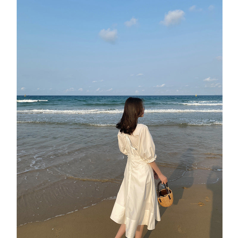 Women's Summer Dress with V-Neck & Puff Sleeves - Flowy Casual Sundress for Beach, Party & Everyday Wear