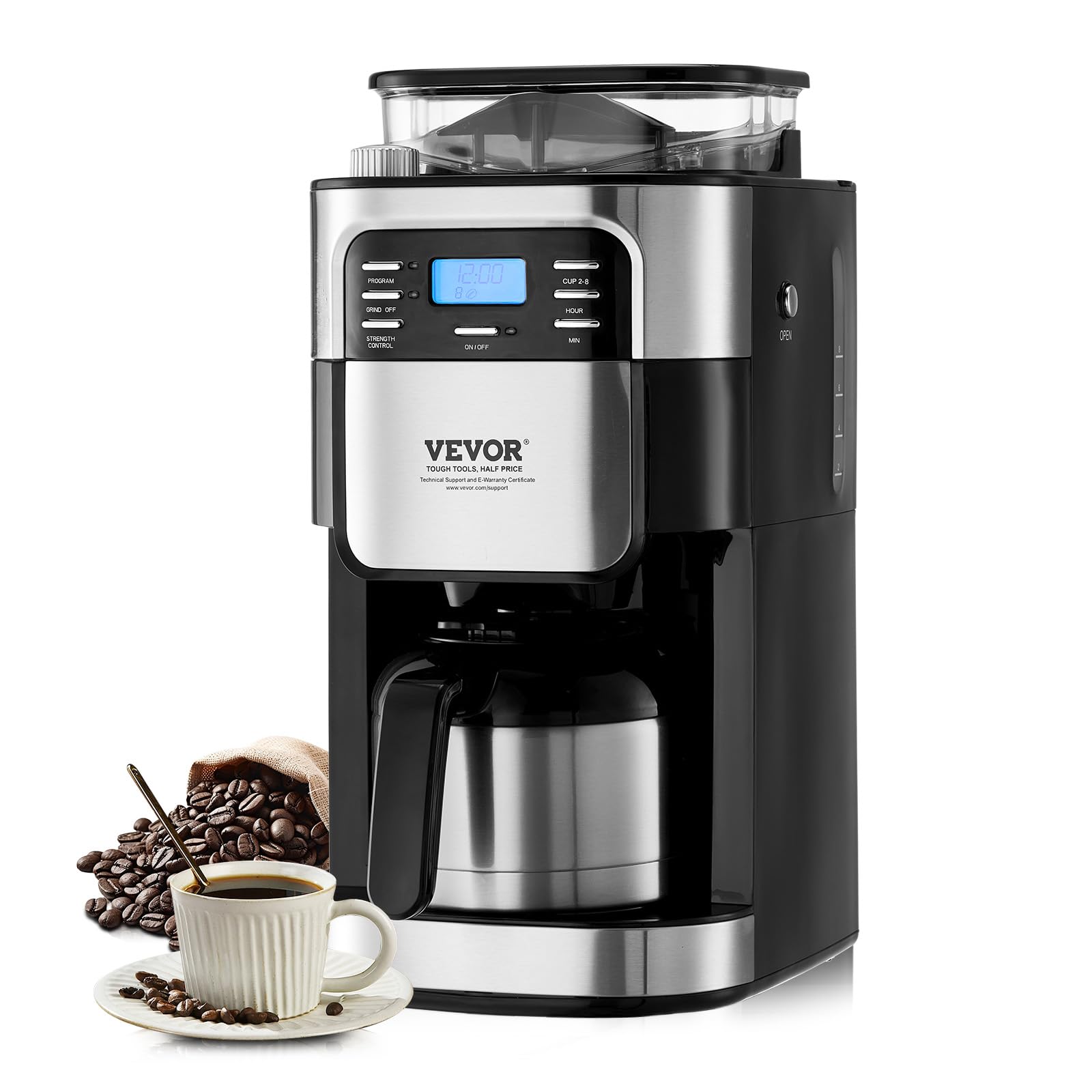 VEVOR 8 Cup Coffee Maker with Built-in Grinder, 3 Brew Strength Control & 24-Hour Auto Brew Timer - Perfect for Home, Office, and Restaurant Use