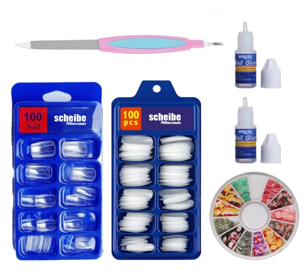 100 Pcs Clear False Nails & 100 Pcs White Press On Nails Kit with 2 Nail Glues, Nail Art Wheel & Nail File - DIY Manicure Set for Home Salon, Parties & Special Occasions