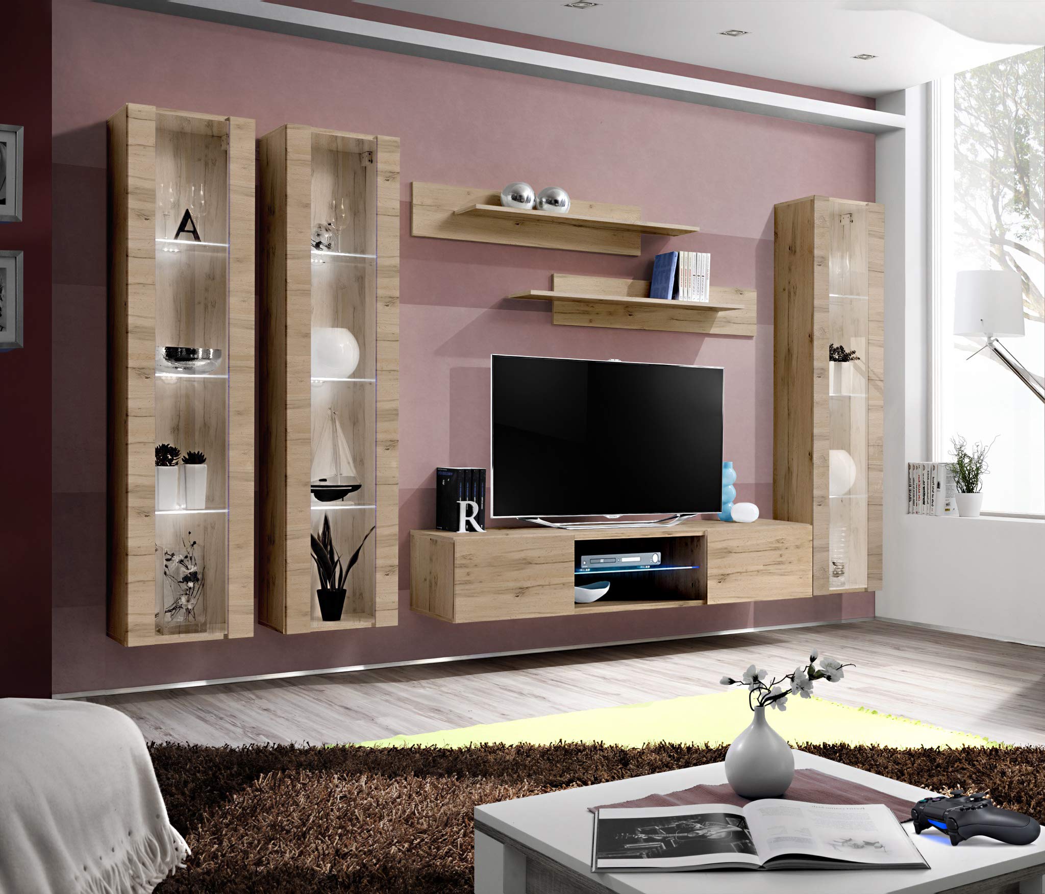Modern Oak Wall-Mounted TV Stand with Storage Shelves - Space-Saving Entertainment Center for Bedroom & Living Room - Perfect for Small Spaces & Home Theater Setup - Meble Furniture Fly CD2 33 TV Console
