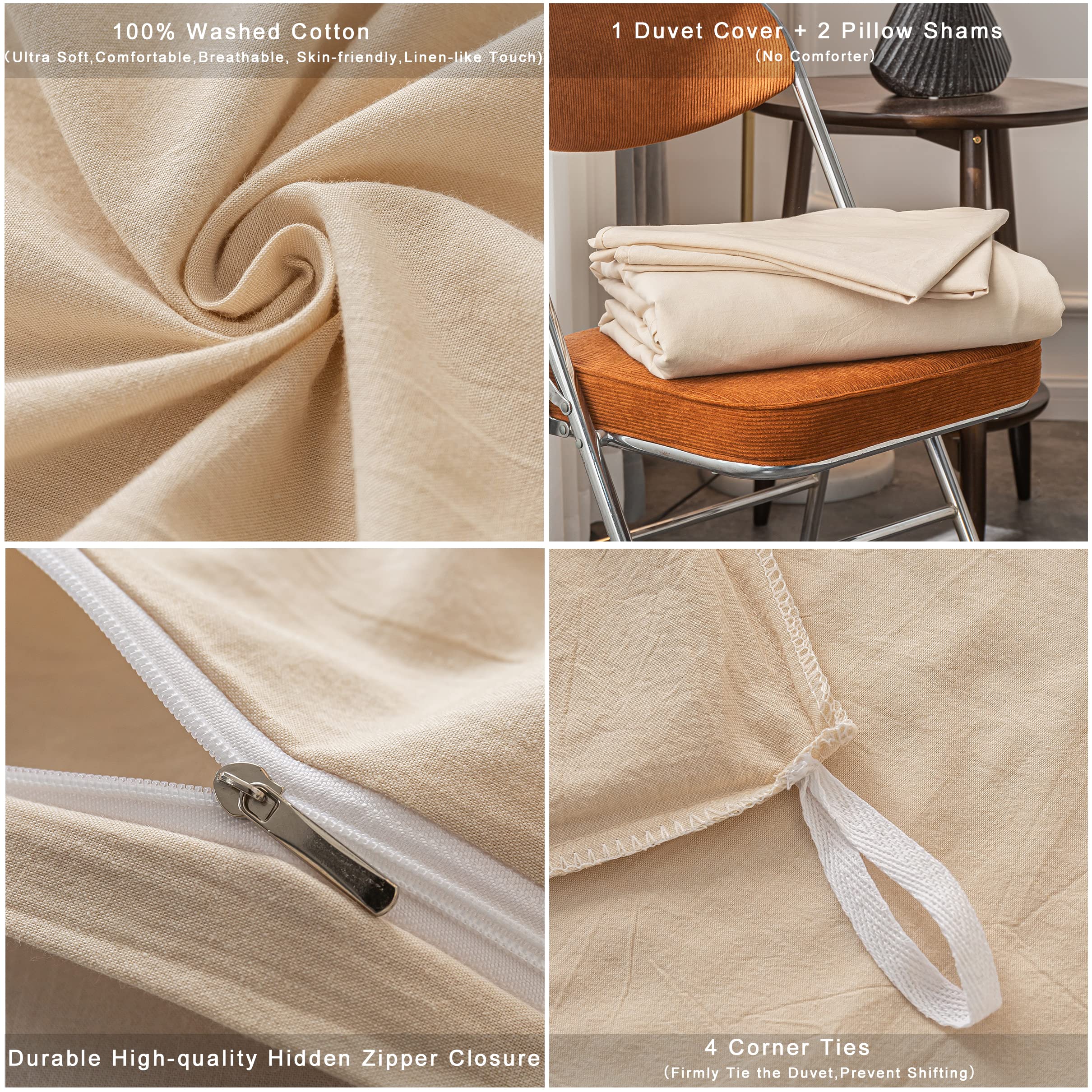 Janlive 100% Washed Cotton Duvet Cover Queen Size - Ultra Soft Solid Beige 3-Piece Bedding Set with Zipper Closure | Breathable & Comfortable for All Seasons, Perfect for Master Bedroom, Guest Room & Vacation Homes