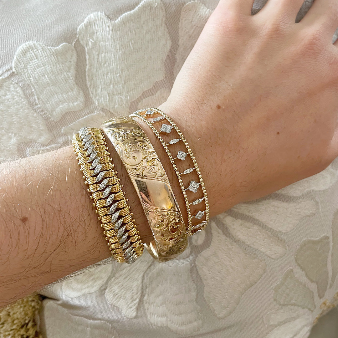14K Yellow Gold Diamond Quatrefoil Beaded Cuff Bangle Bracelet for Women - Elegant Jewelry Gift for Anniversary, Wedding & Special Occasions