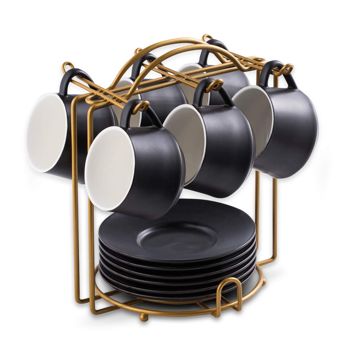 Premium 4 oz Espresso Cups with Saucers Set of 6 - Black Ceramic Cappuccino & Tea Cups with Cup Holder - Perfect for Coffee Shops, Tea Parties & Home Decor