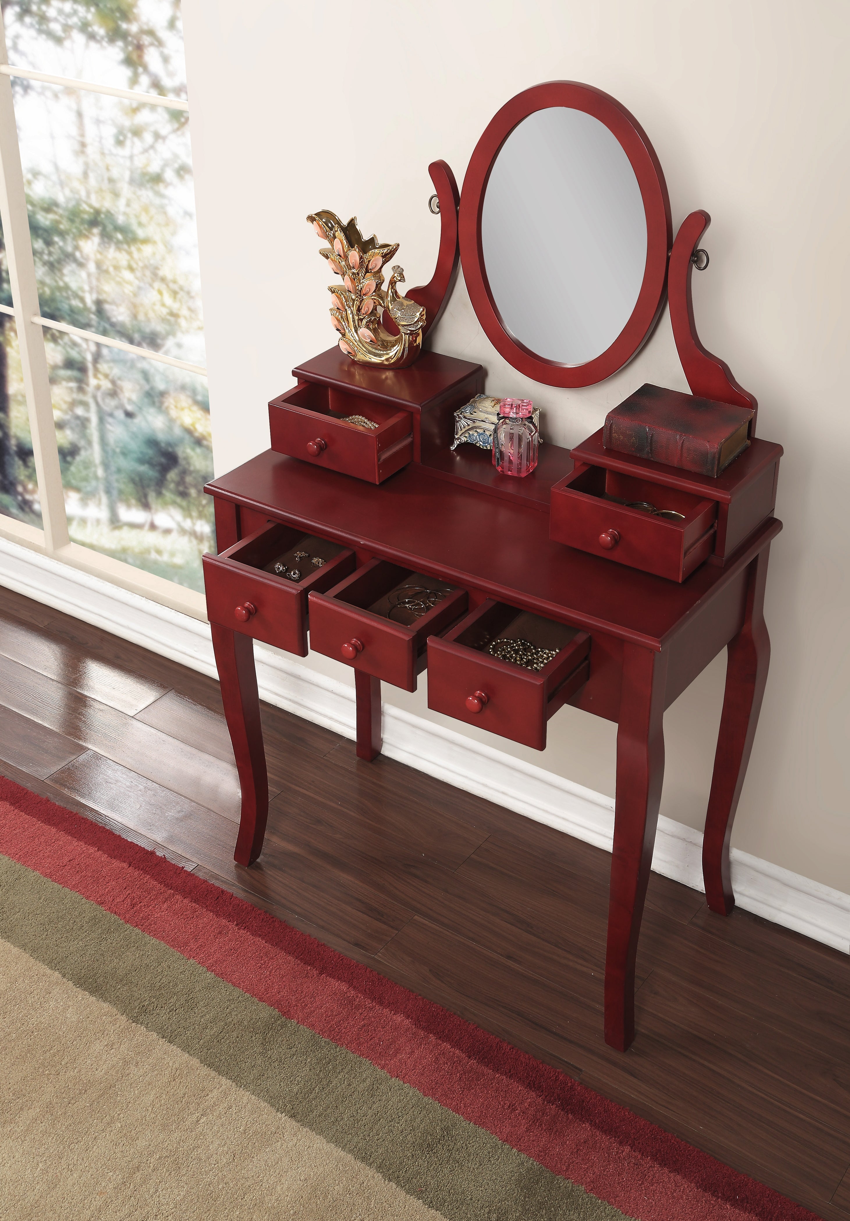 Ashley Wood Makeup Vanity Table and Stool Set with Mirror - Cherry Finish for Bedroom, Dressing Room & Beauty Salon | Roundhill Furniture