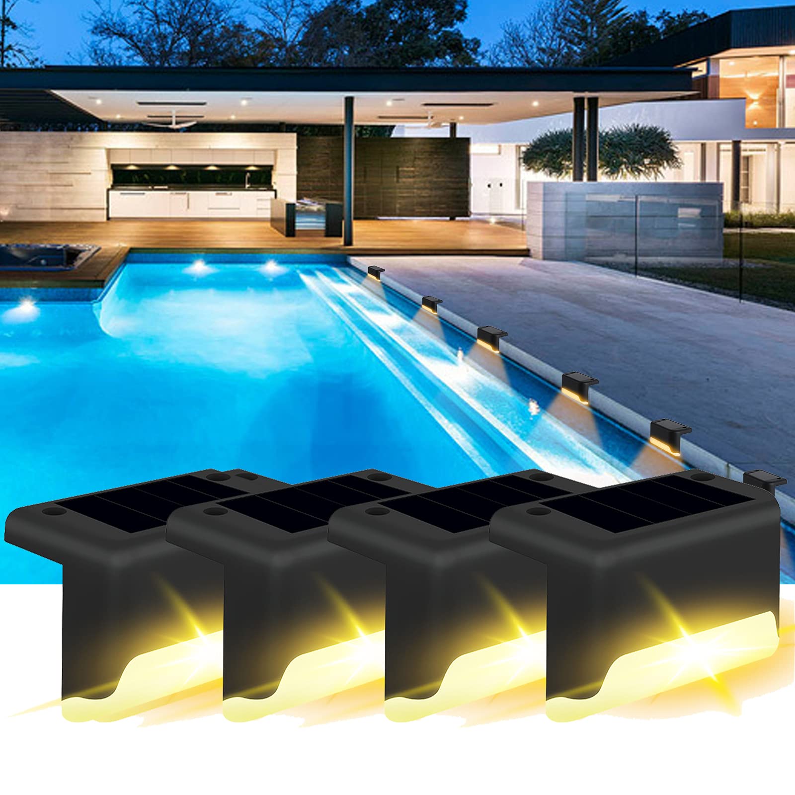 **4 Pack Solar Deck Lights Outdoor - IP65 Waterproof LED Solar Step Lights for Stairs, Fence, Railing, Yard, Patio & Pathway - Warm White - Perfect for Nighttime Safety & Ambiance**
