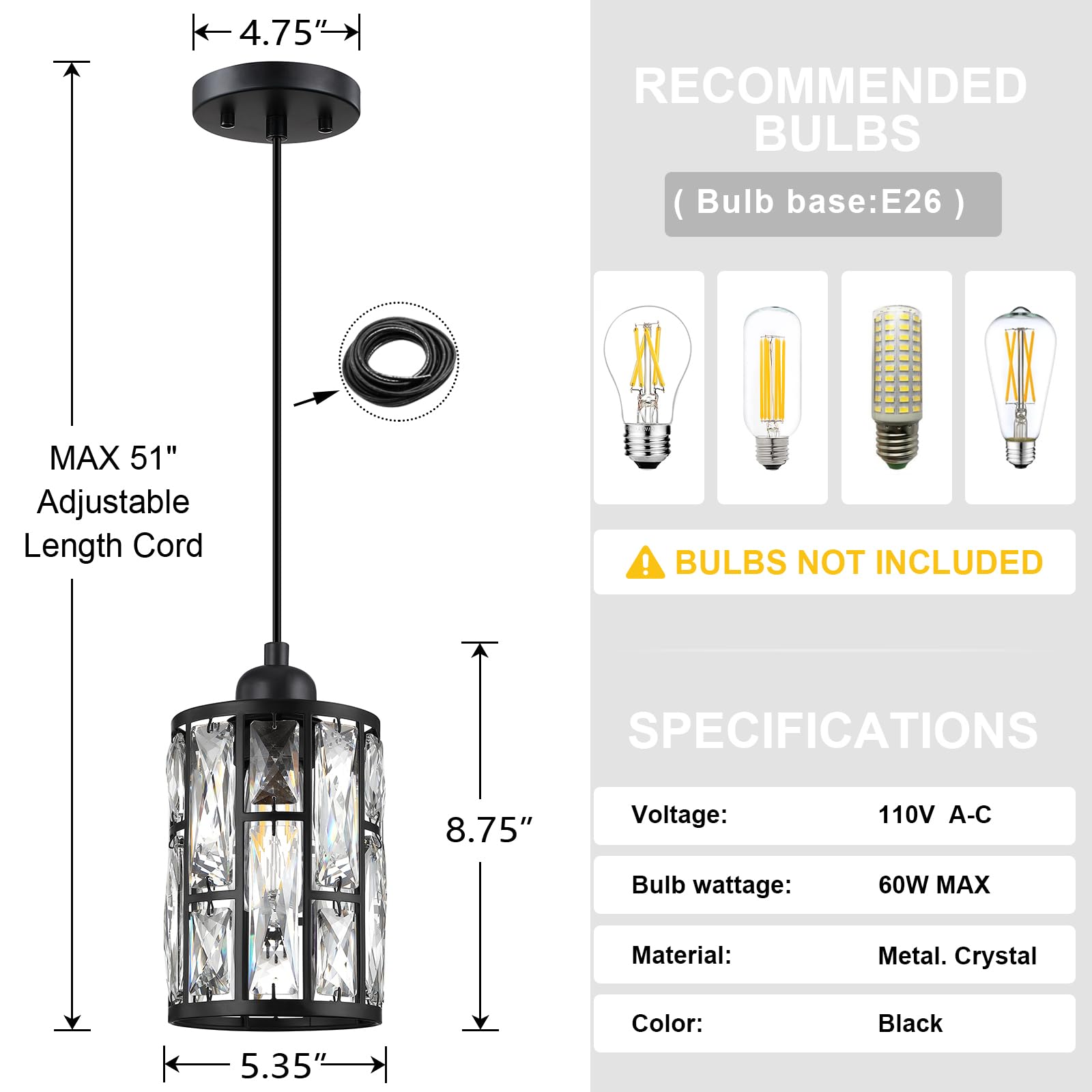 2 Pack Black Modern Crystal Metal Shade Pendant Lights - 5.4