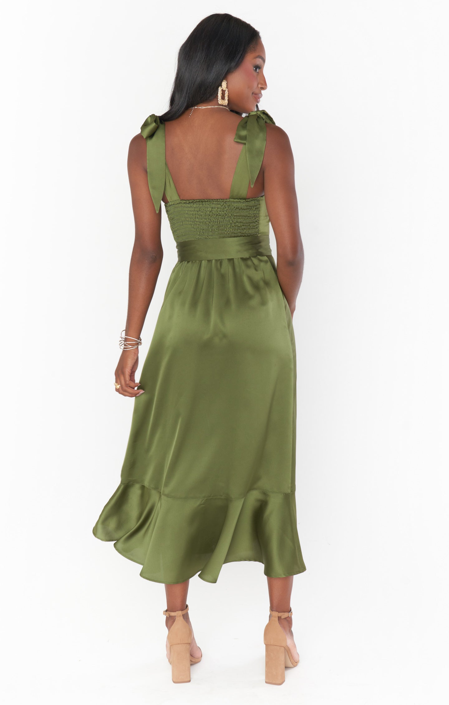 Claire Midi Dress in Rich Olive Green - Luxe Satin Fabric for Women | Perfect for Cocktail Parties, Weddings & Evening Events