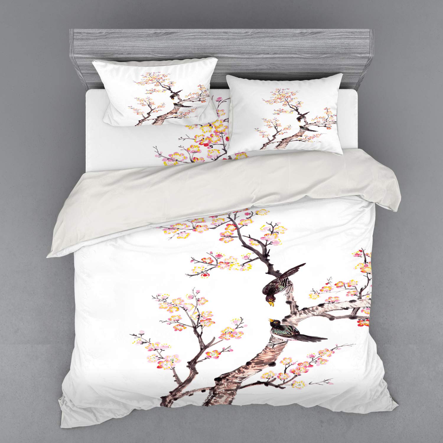 Ambesonne Traditional Chinese Plum Blossom & Birds Art Duvet Cover Set - 4 Piece King Size Bedding with Shams & Fitted Sheet in Pale Yellow Brown - Perfect for Asian-Themed Bedrooms & Cultural Home Decor